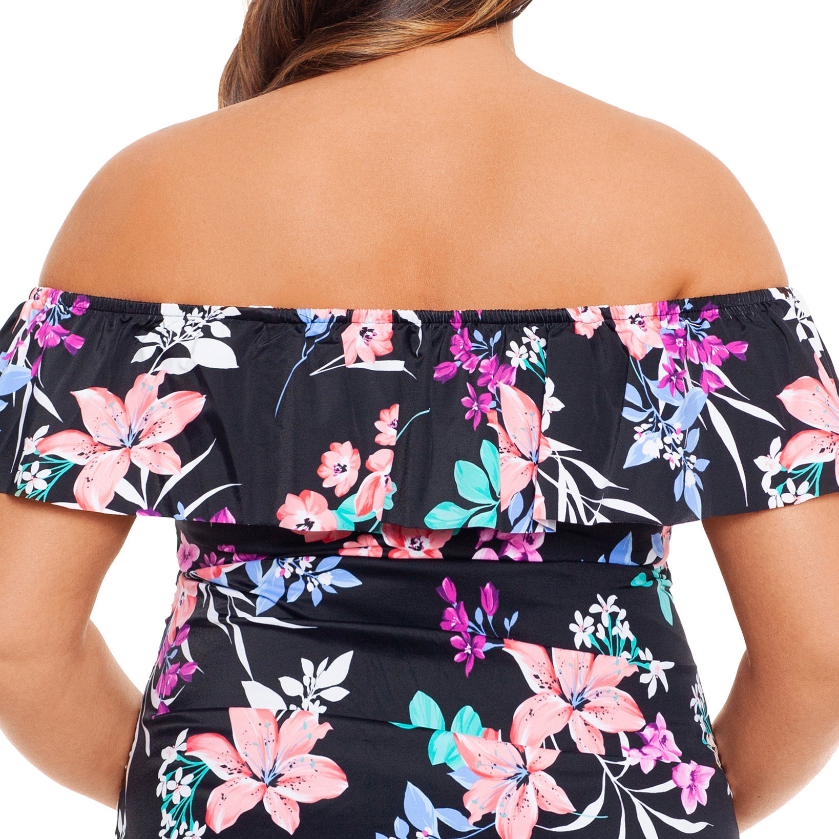 Swim Solutions Women Plus Printed Ruffled Off The Shoulder Tankini Top