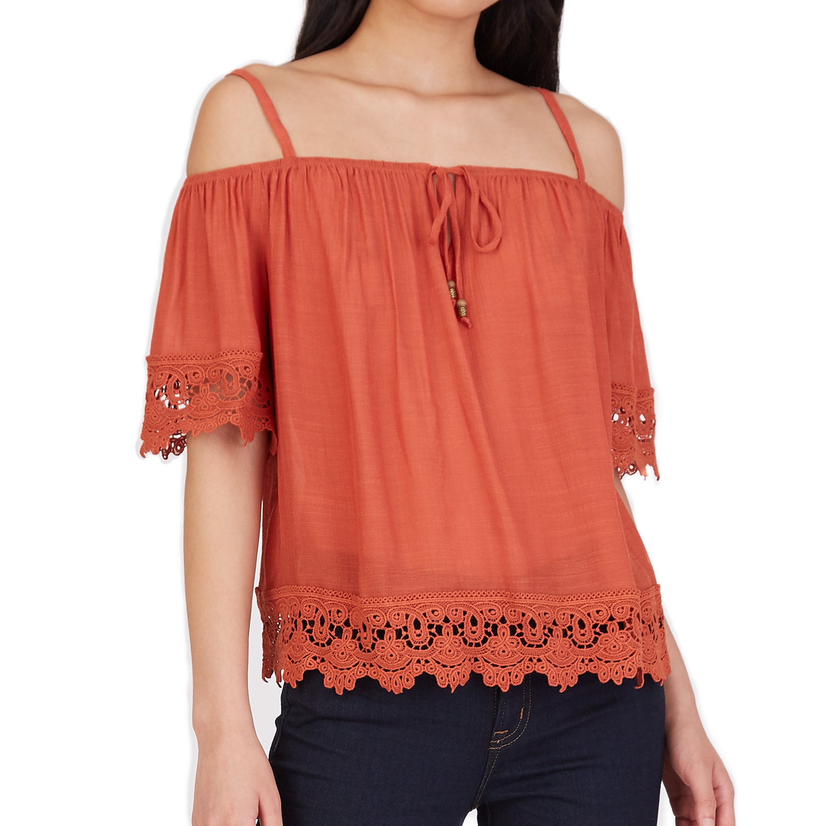BCX Women Crochet Trim Cold Shoulder Top Sedona