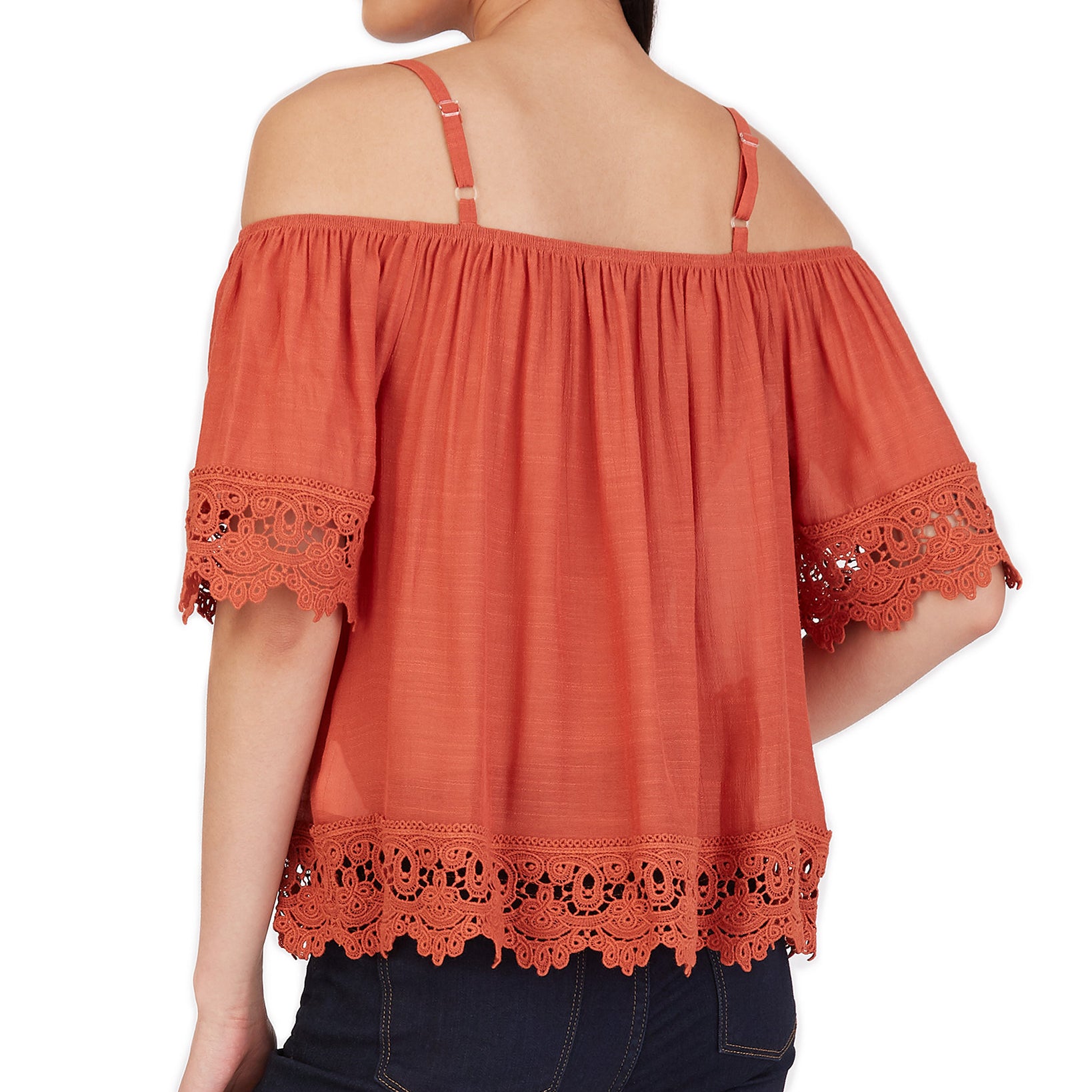 BCX Women Crochet Trim Cold Shoulder Top