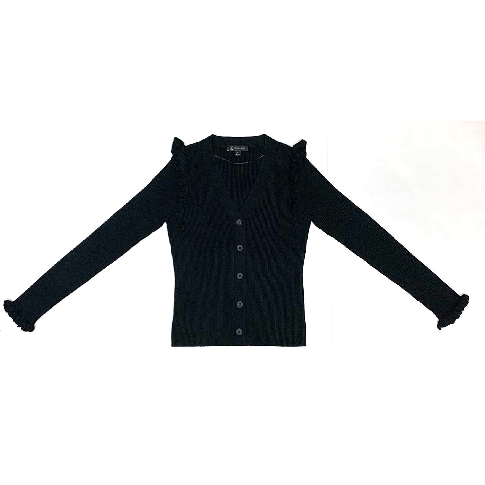 INC International Concepts Women Ruffle Trim Cardigan Deep Black