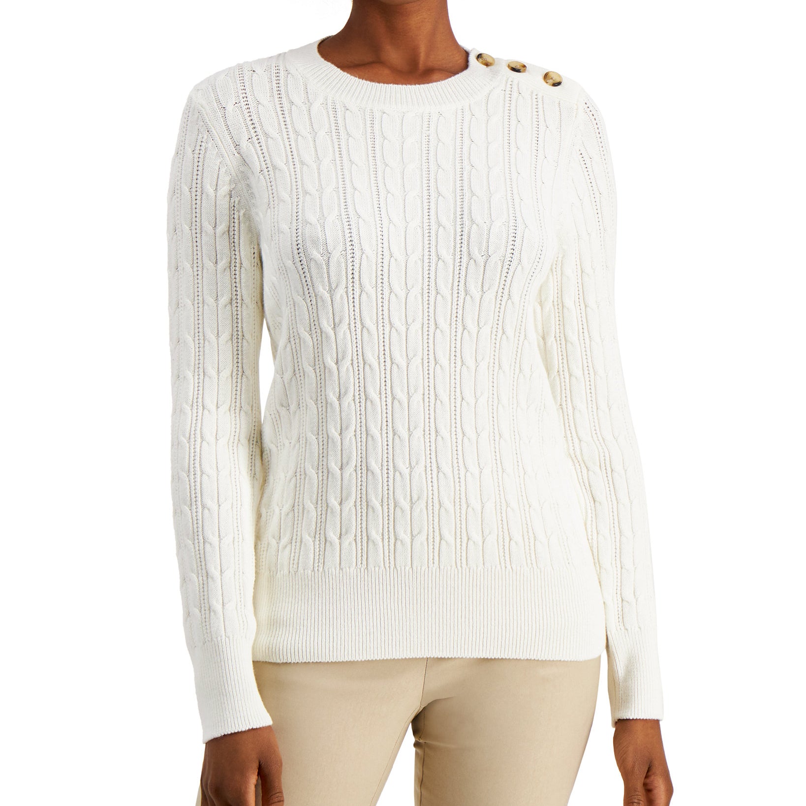 Charter Club Women Button Shoulder Sweater Cloud Combo