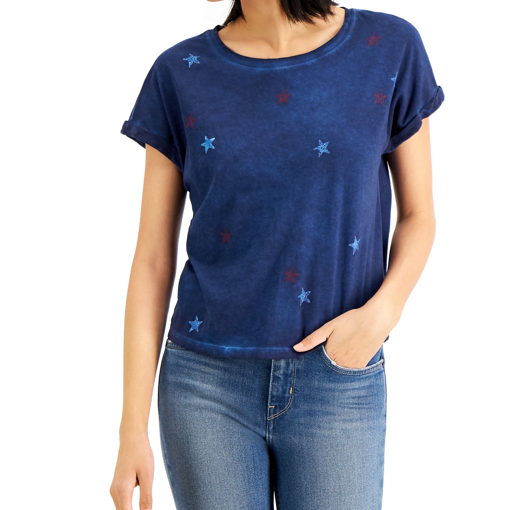 INC International Concepts Women Cotton Star Print T Shirt Indigo Sea