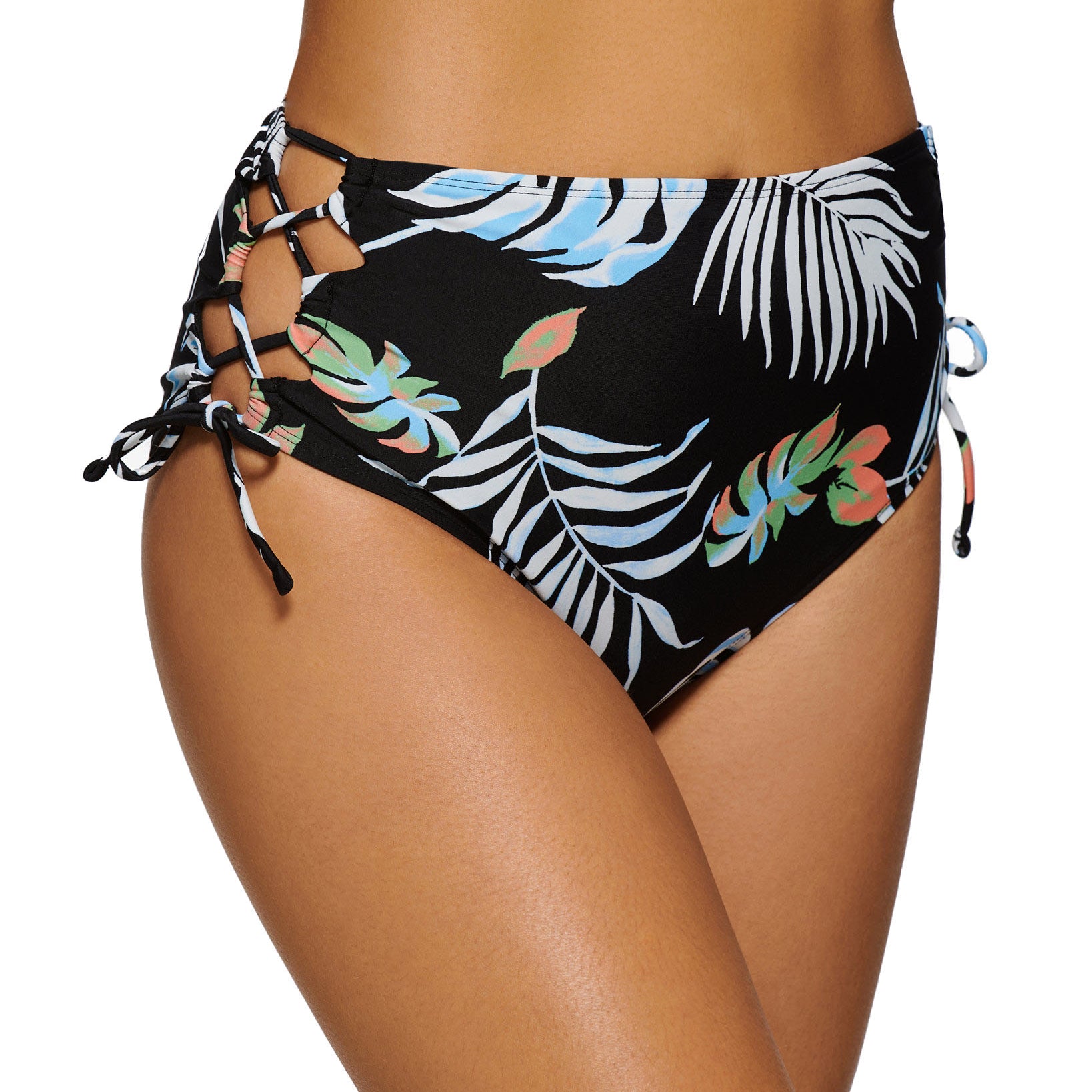 Hula Honey Women Aloha Breeze Lace up Side High Waist Bottoms Black Multi