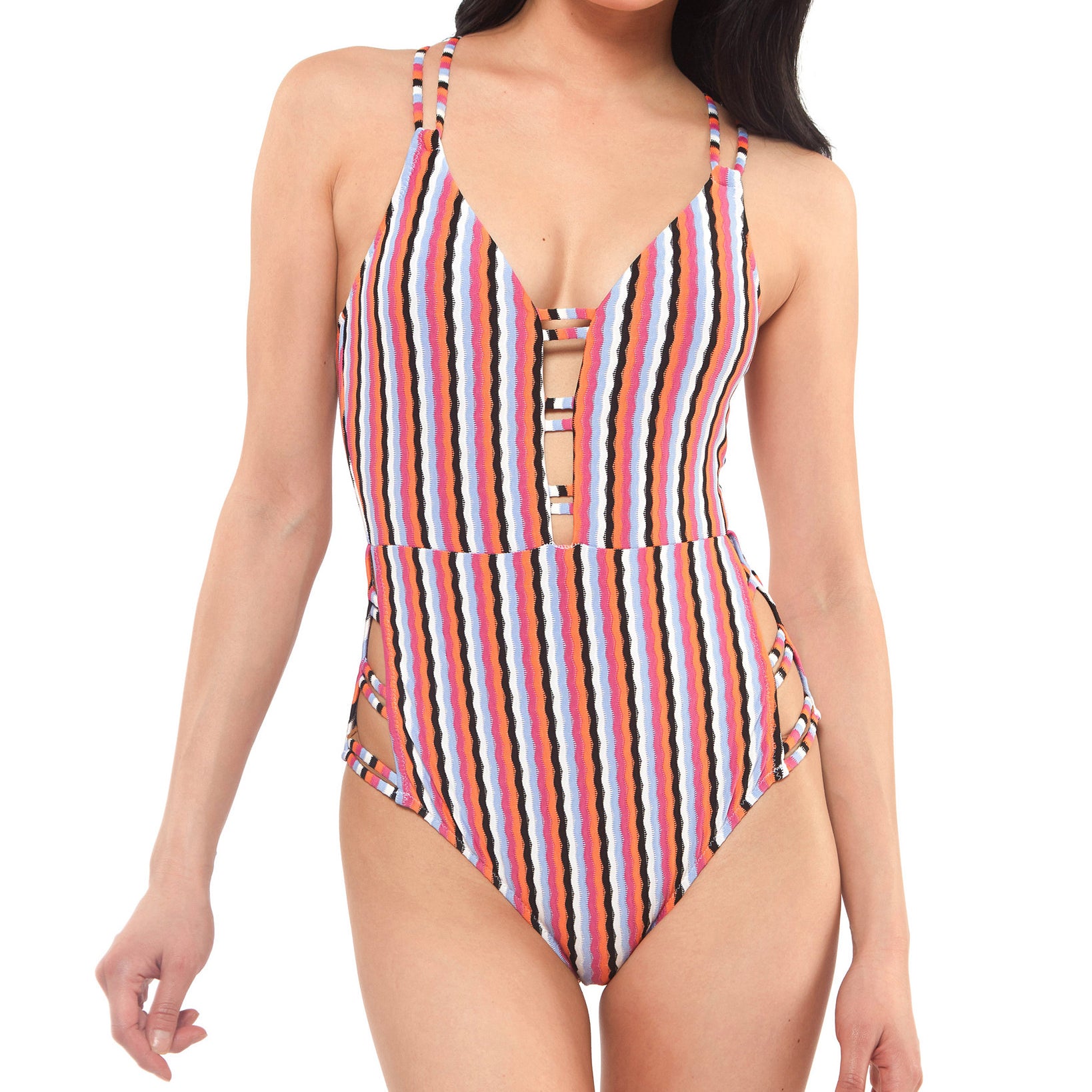 Jessica Simpson Women Got the Groove Plunge Strappy One Piece Swimsuit Blue Mist Multi