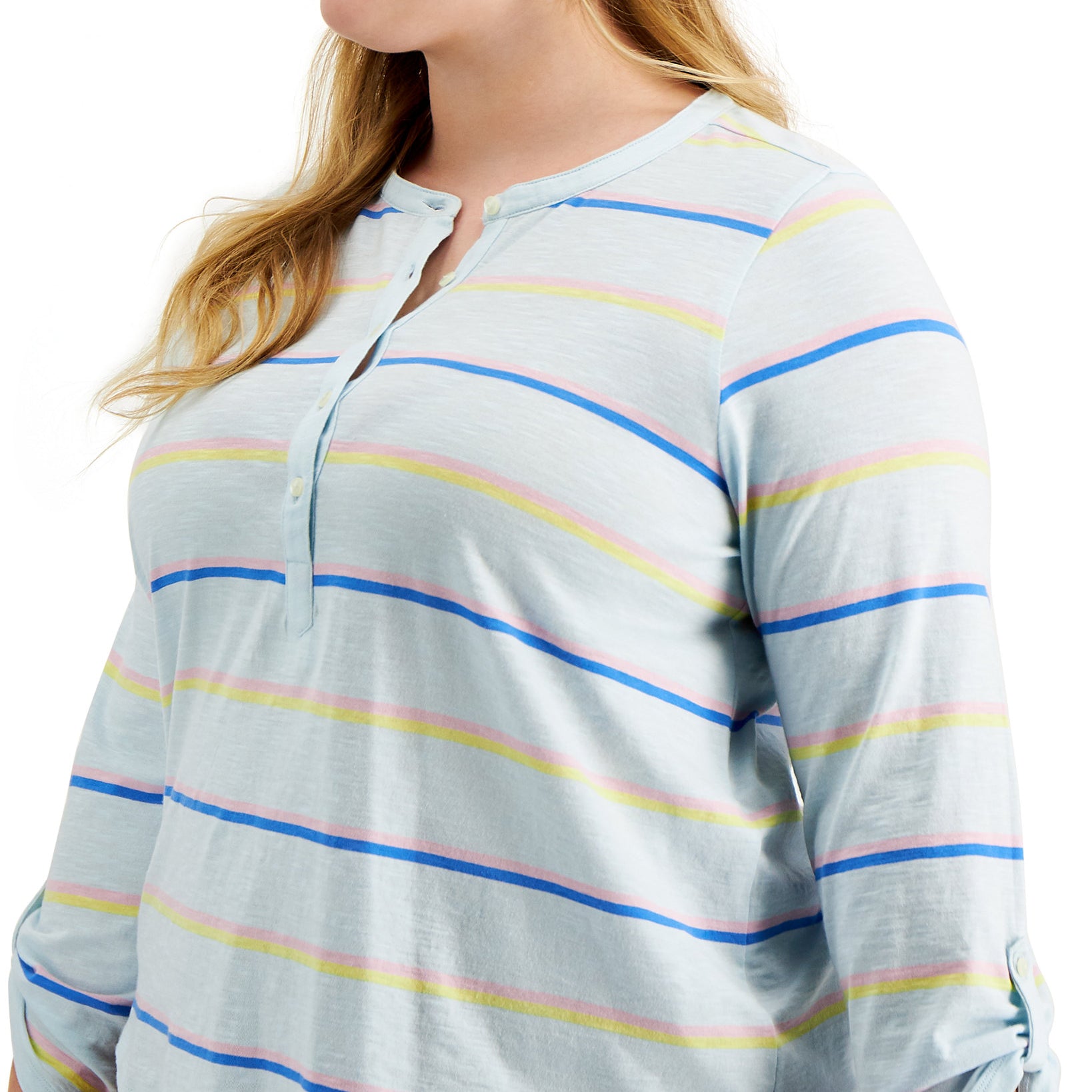 Style & Co Women Plus Cotton Striped Roll Tab Top