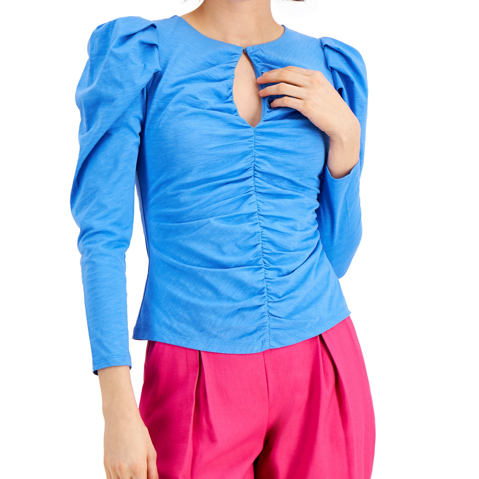 INC International Concepts Womens Petite Ruched Keyhole Top Campanula
