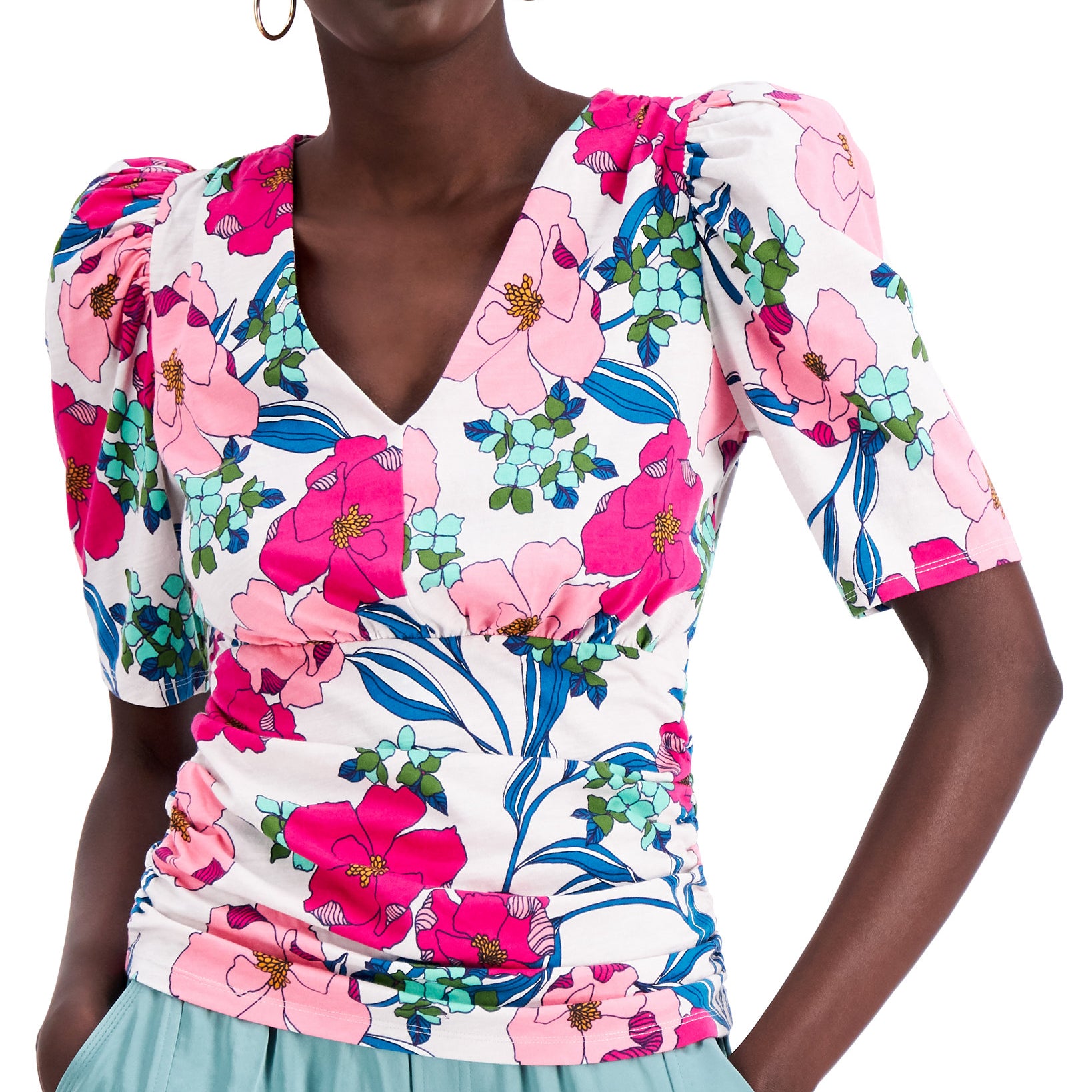 INC International Concepts Women Cotton Printed Puff Sleeve Top Naveena Floral