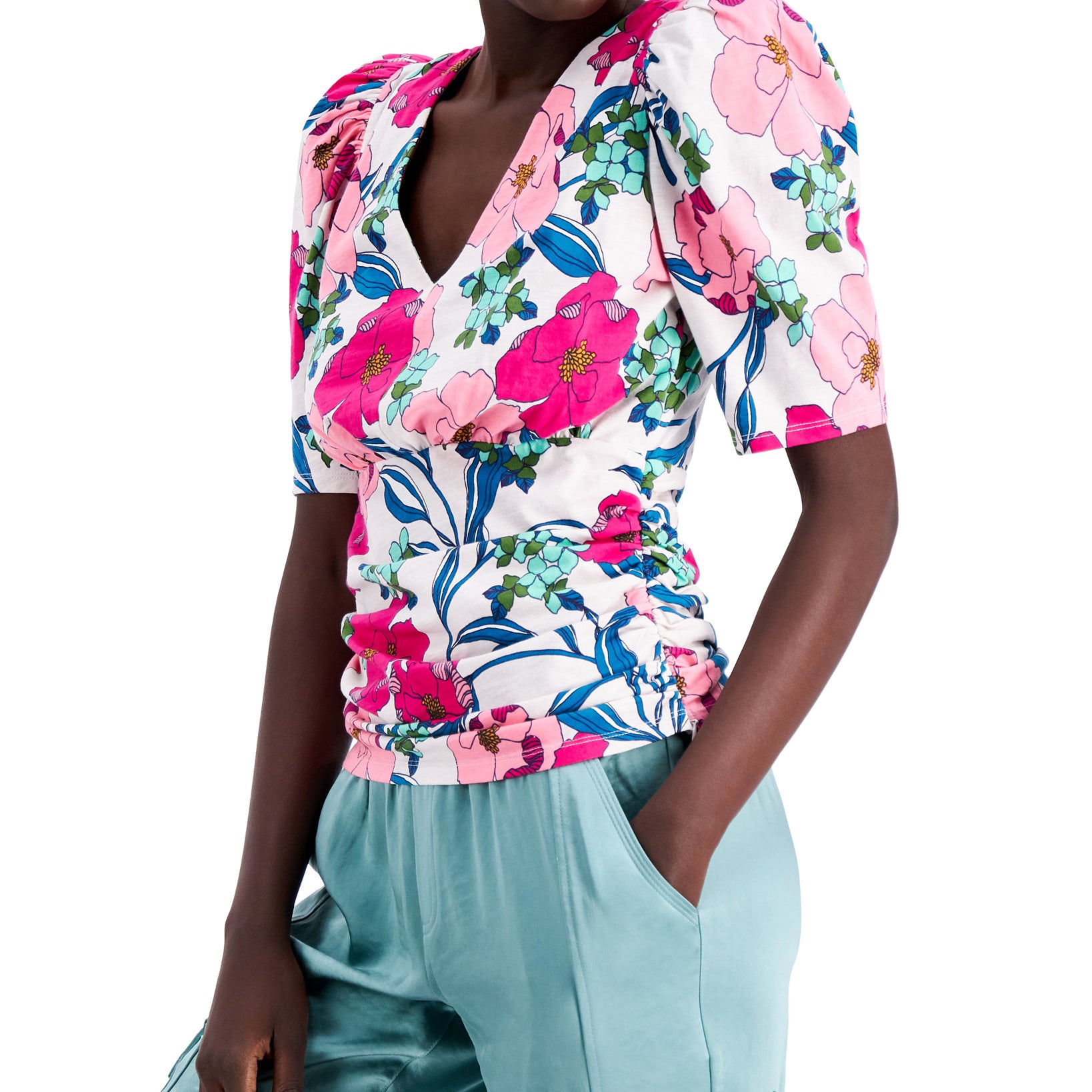INC International Concepts Women Cotton Printed Puff Sleeve Top
