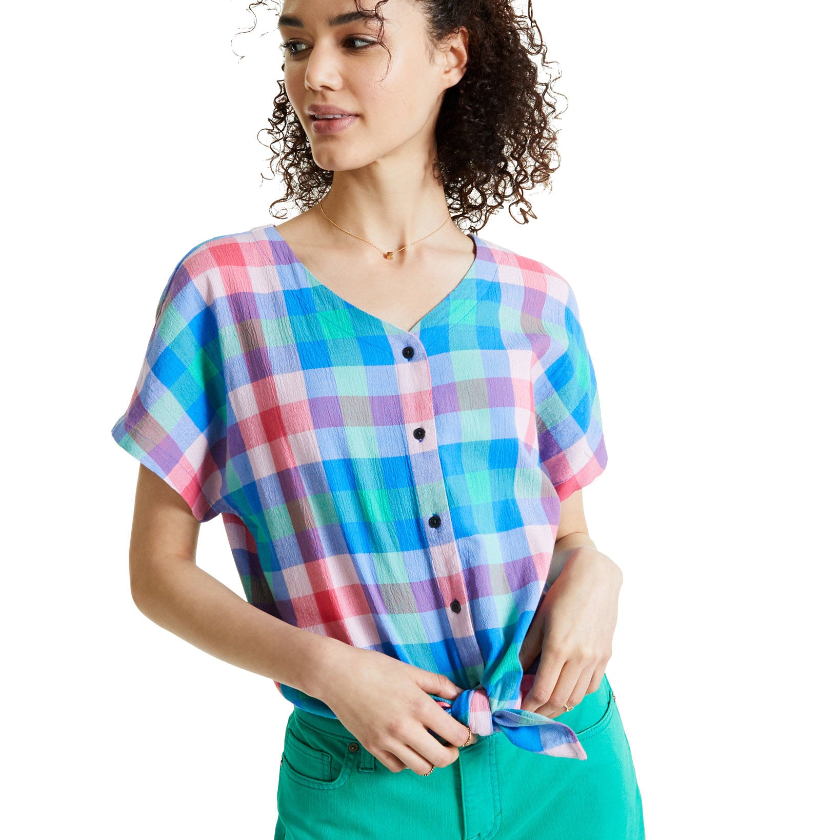 Style & Co Women Printed Button Down Tie Front Top Super Sonic Blue Pink