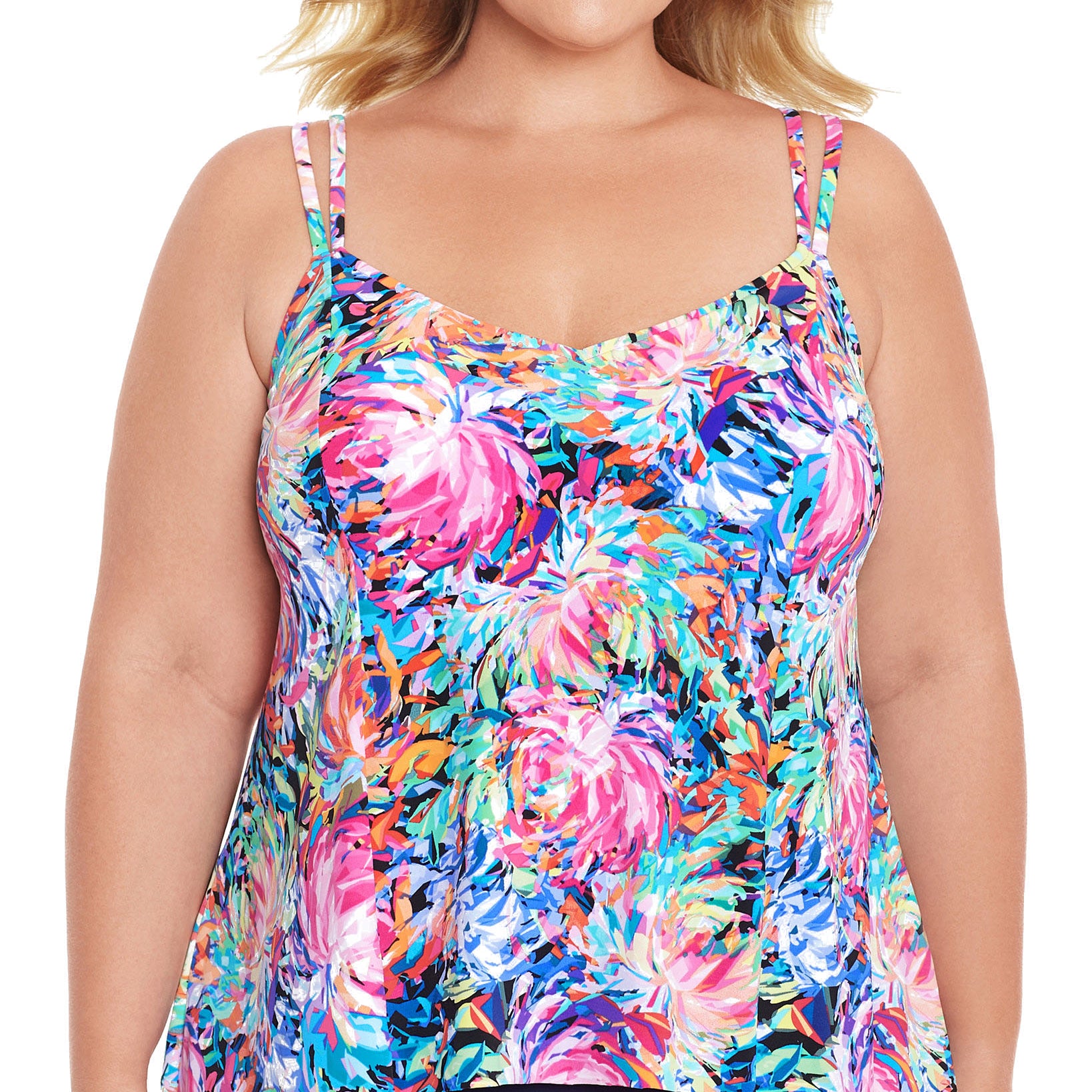 Swim Solutions Women Plus Magnolia Tankini Top Multi