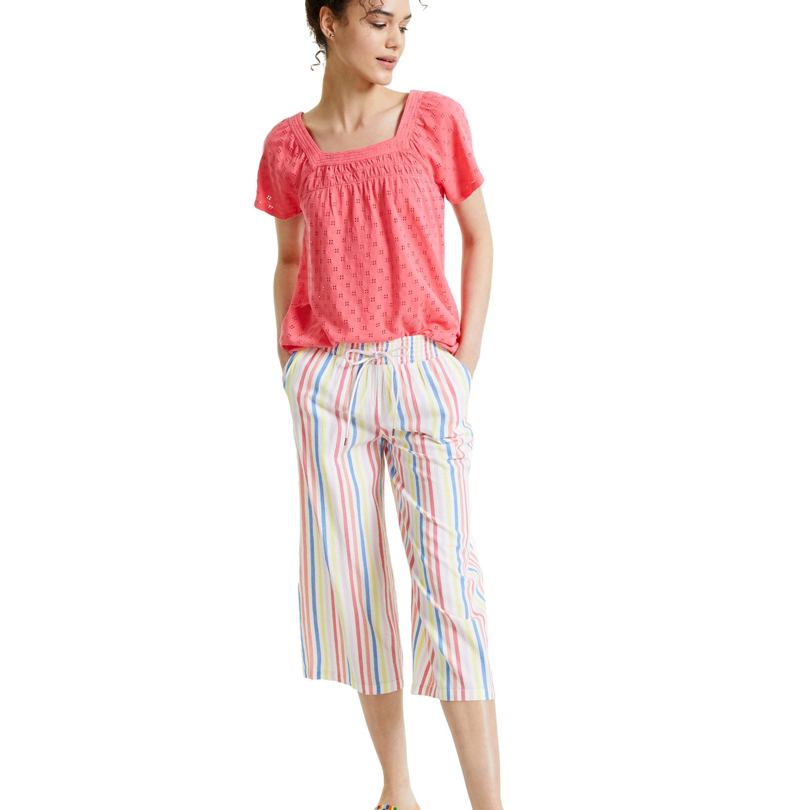 Style & Co Women Petite Striped Gauze Pants Sunray Star Pink