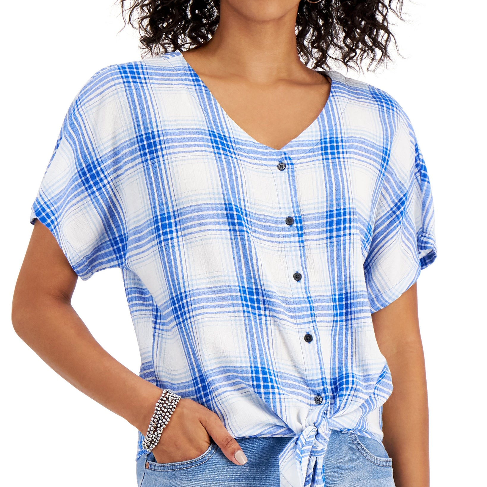 Style & Co Women Printed Button Down Tie Front Top
