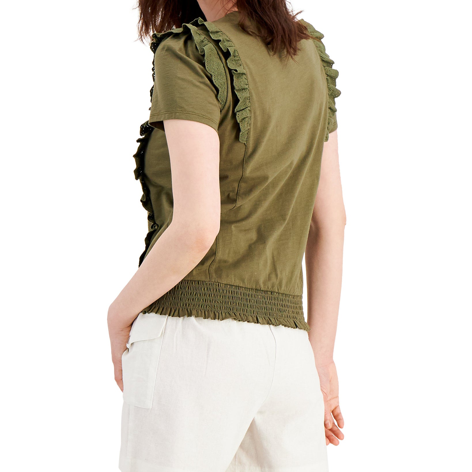 INC International Concepts Women Cotton Ruffled Smocked Waist Top