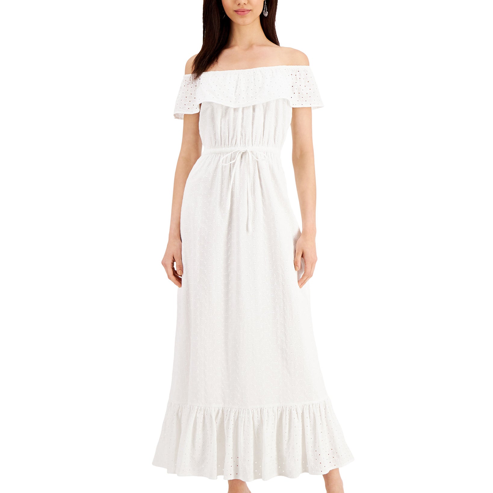 Style & Co Women Cotton Off The Shoulder Eyelet Maxi Dress Bright White