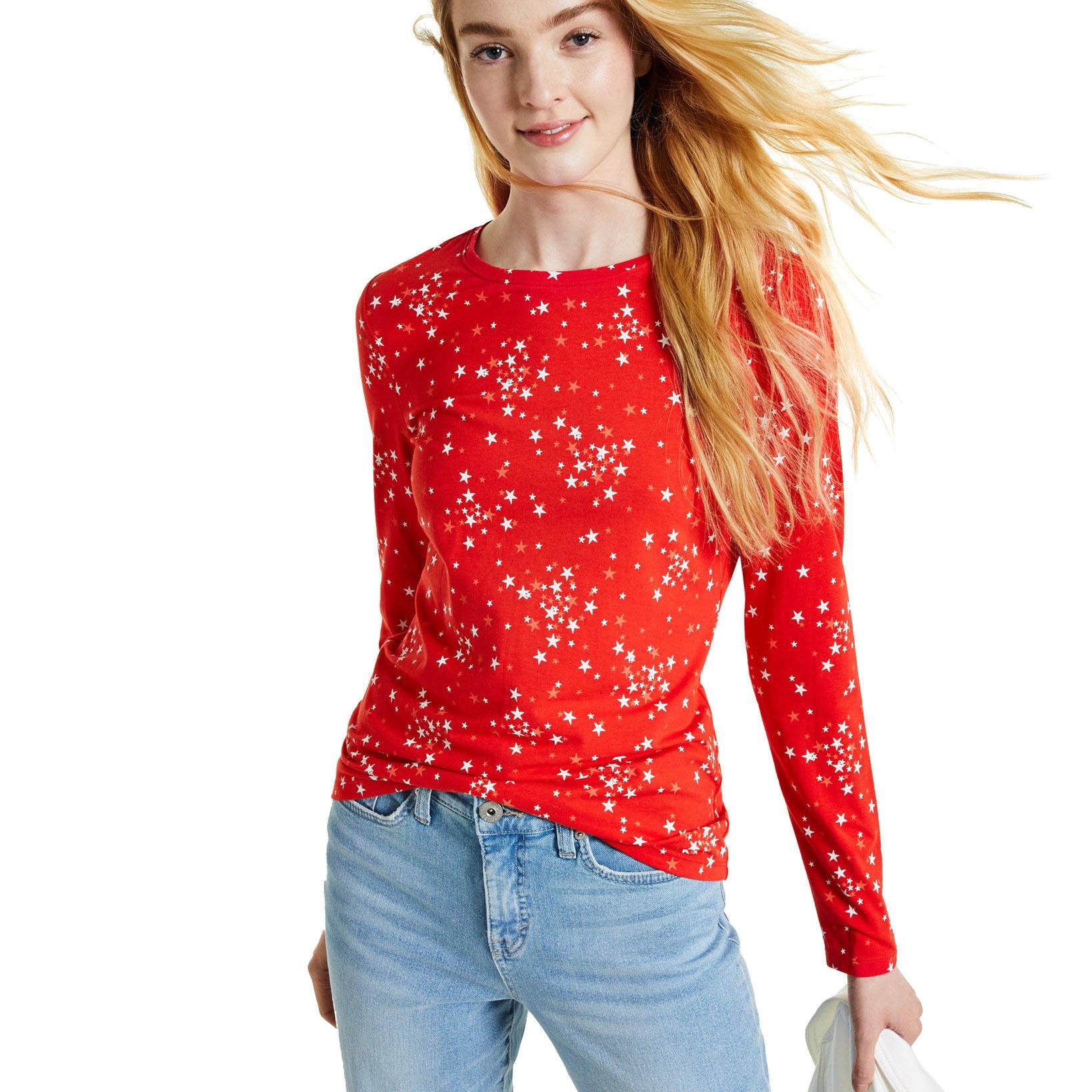 Style & Co Women Printed Long Sleeve Top Red Stars
