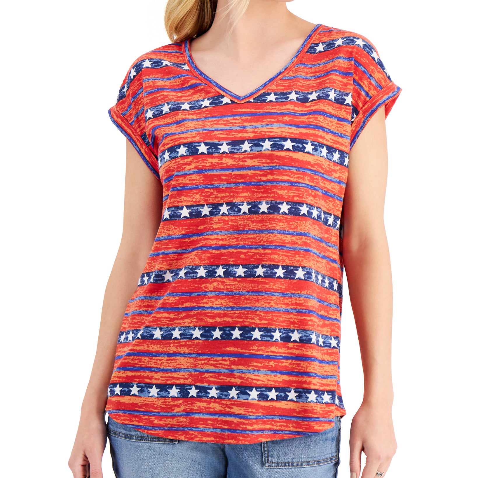 Style & Co Women Petite Star Stripe Printed T Shirt Stars Stripe