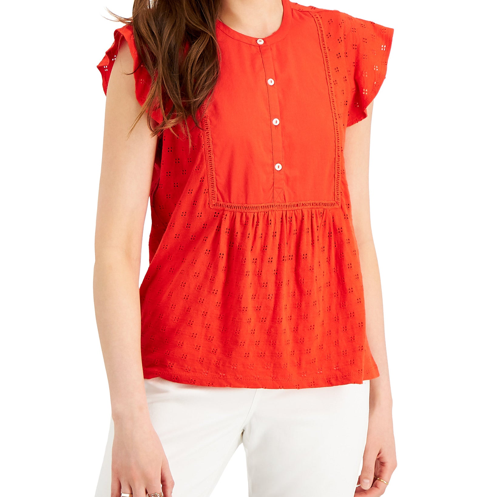 Style & Co Women Cotton Ruffled Sleeve Eyelet Top Loving Red