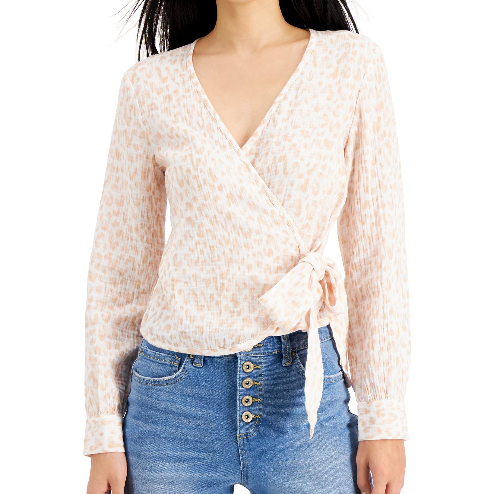 INC International Concepts Women Cotton Printed Surplice Top Mira Animal