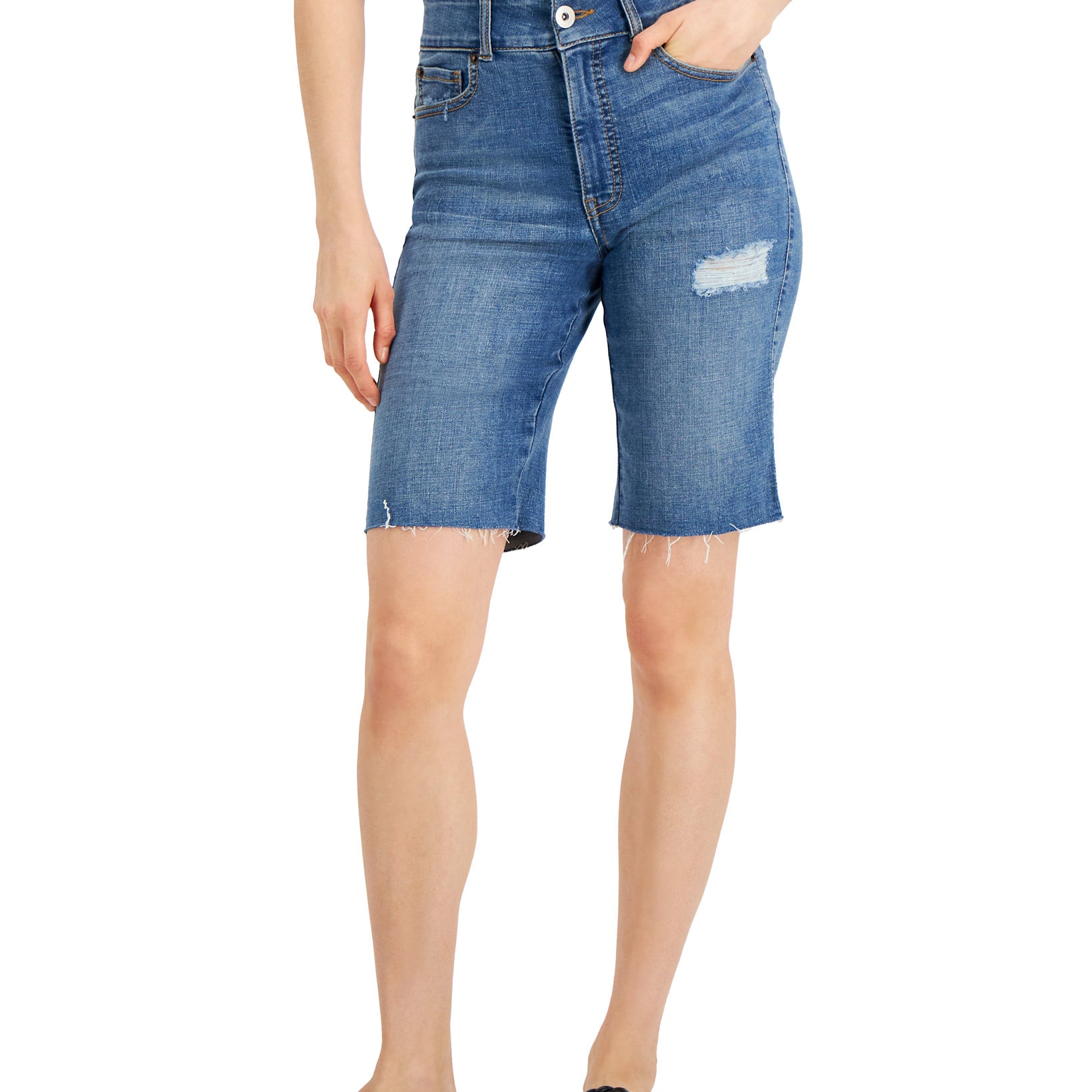 INC International Concepts Women High Rise Sculpting Fit Bermuda Jean Shorts Indigo