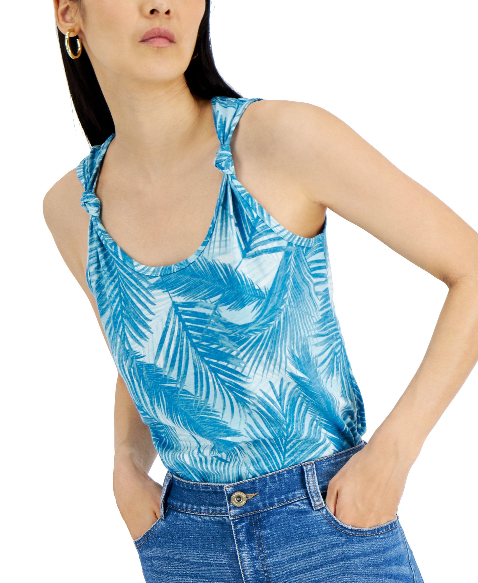 INC International Concepts Women Cotton Printed Knotted Strap Tank Top