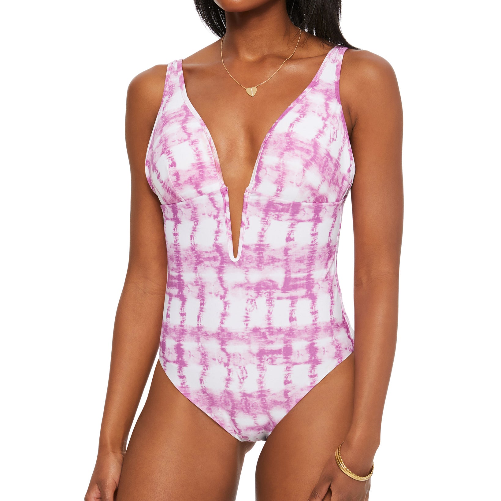 Bar III Women Summer Stripes Plunge One Piece Swimsuit Purple Fuchsia