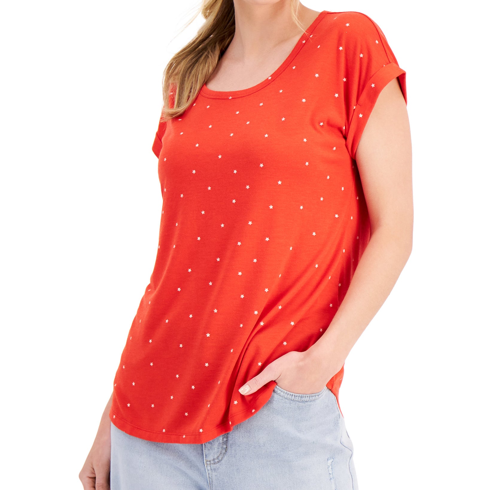 Style & Co Women Star Print Graphic Tee Star Dot Red