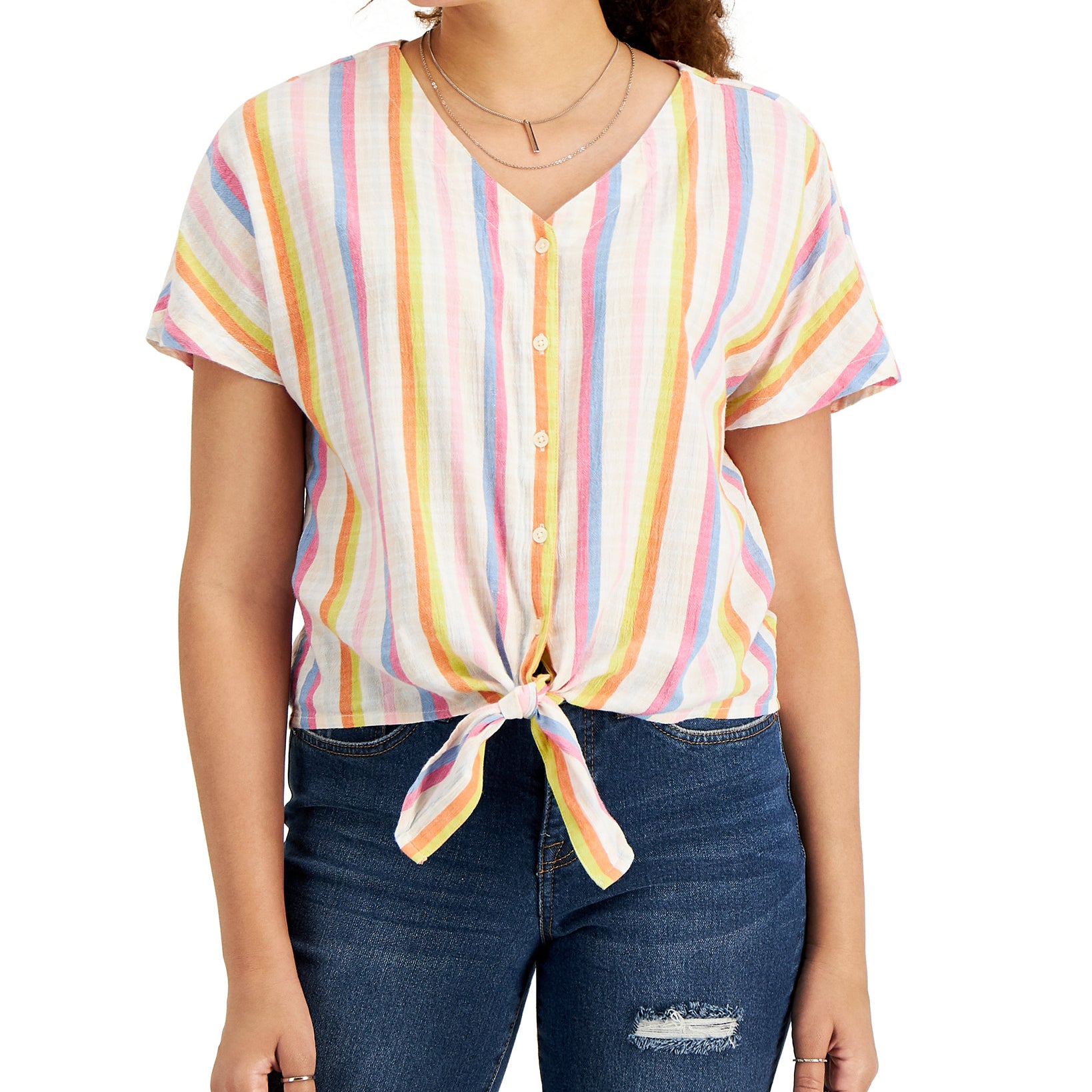 Style & Co Women Striped Tie Front Gauze Top