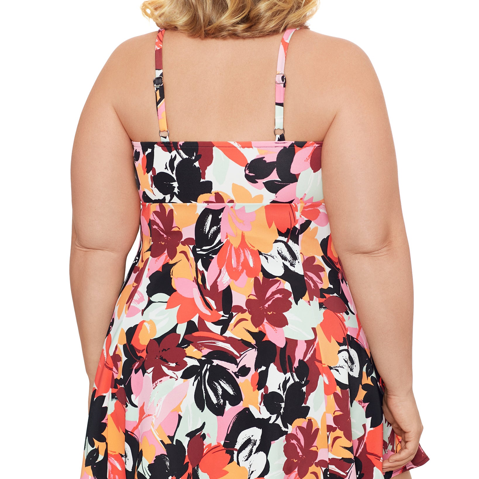 Swim Solutions Women Plus Printed Botanical Beauty Bow Front Tummy Control Swimdress