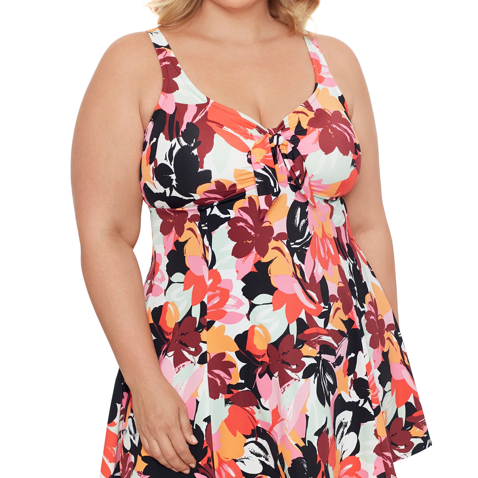 Swim Solutions Women Plus Printed Botanical Beauty Bow Front Tummy Control Swimdress Black