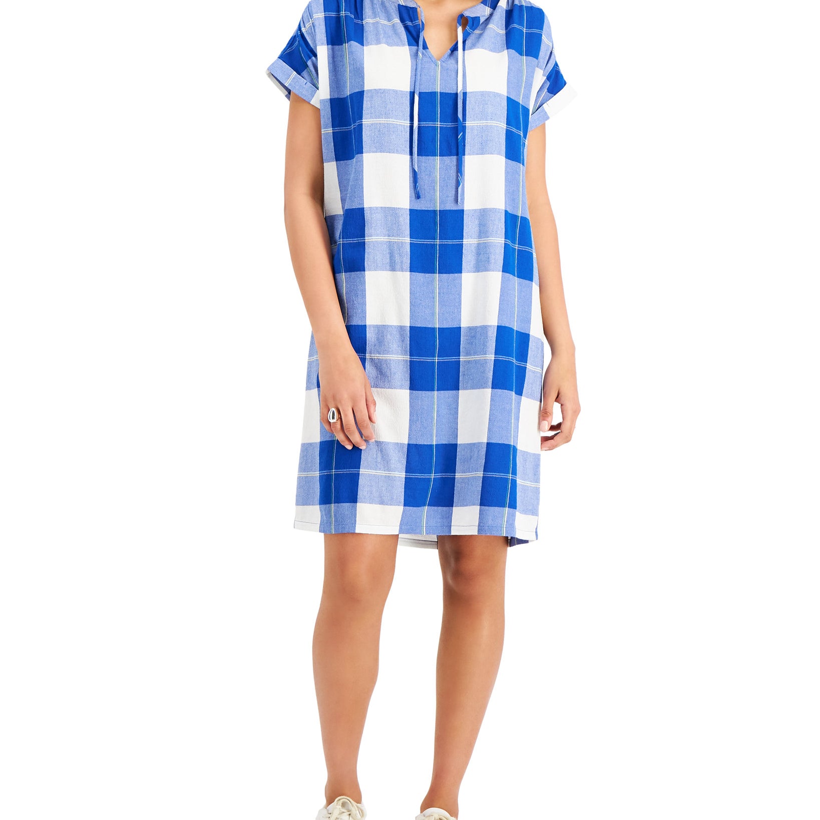 Style & Co Women Plaid Shirt Dress Deep Cobalt Com