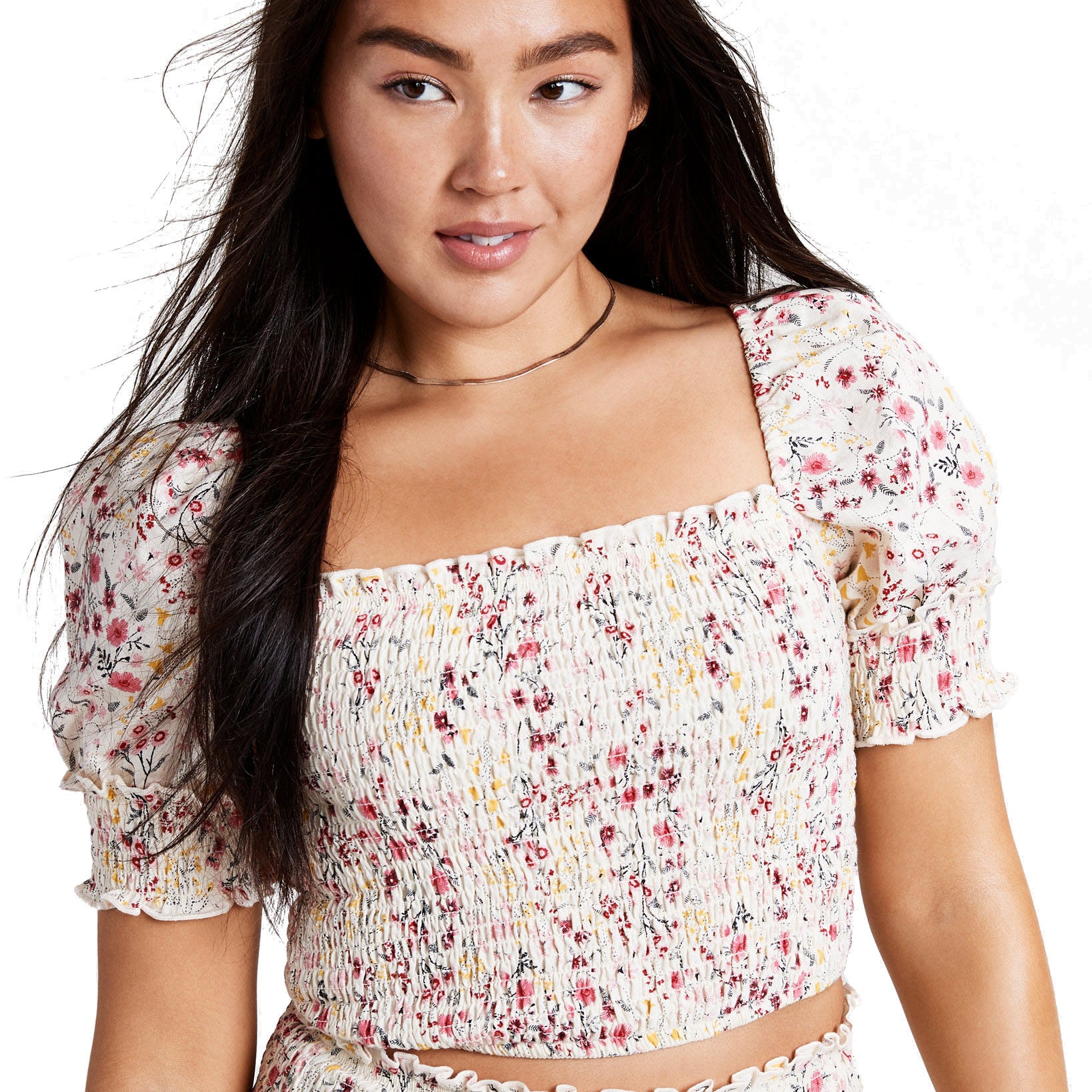 Dizzy Lizzy Women Ditsy Floral Print Smocked Top Cream Ditsy Floral