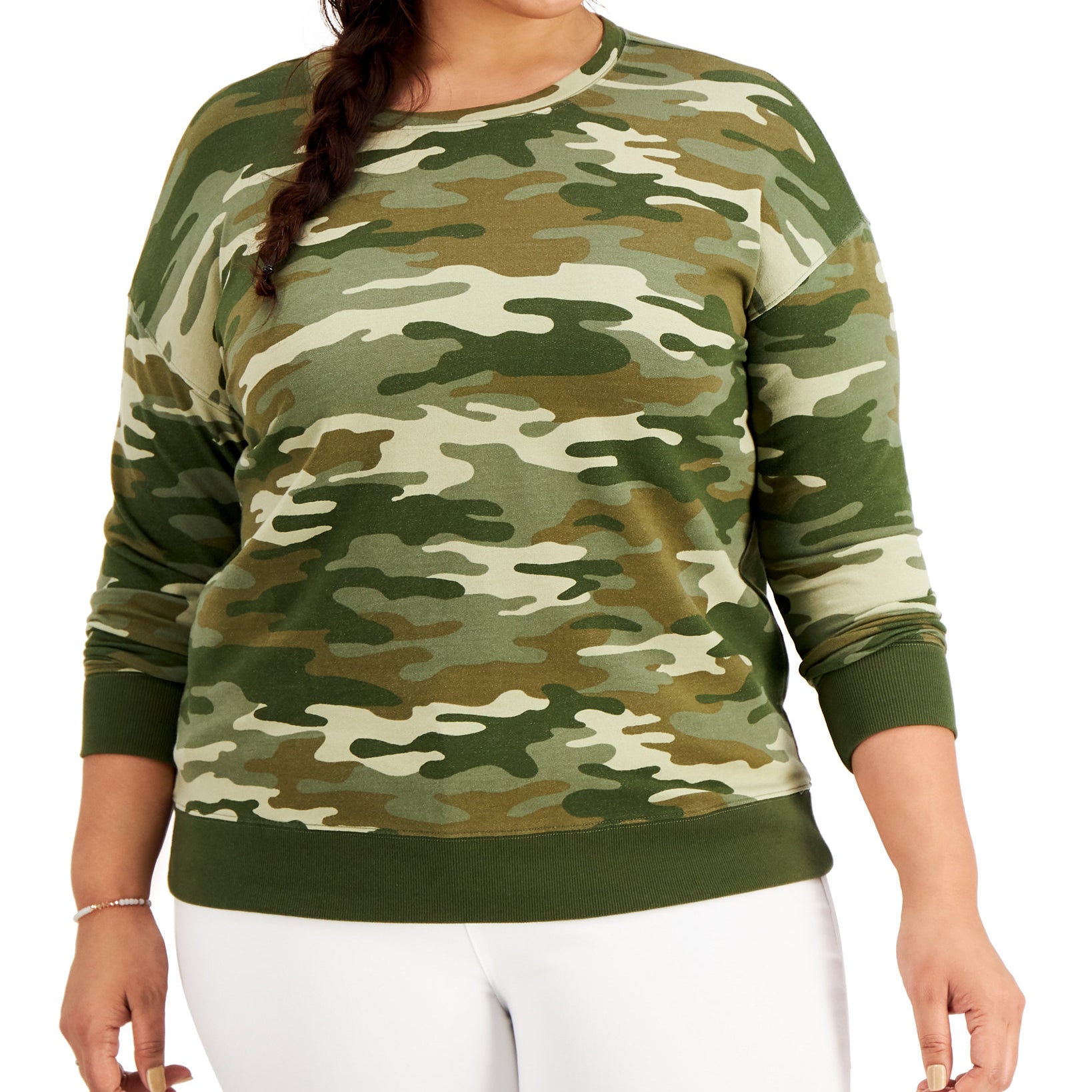 Style & Co Women Plus Camo Print French Terry Sweatshirt Camo Green