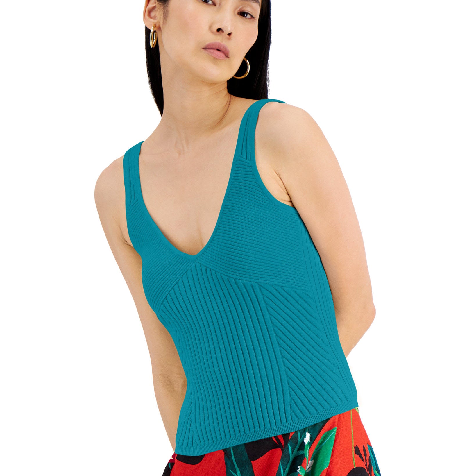 INC International Concepts Women Ribbed Sweater Tank Aztec Teal