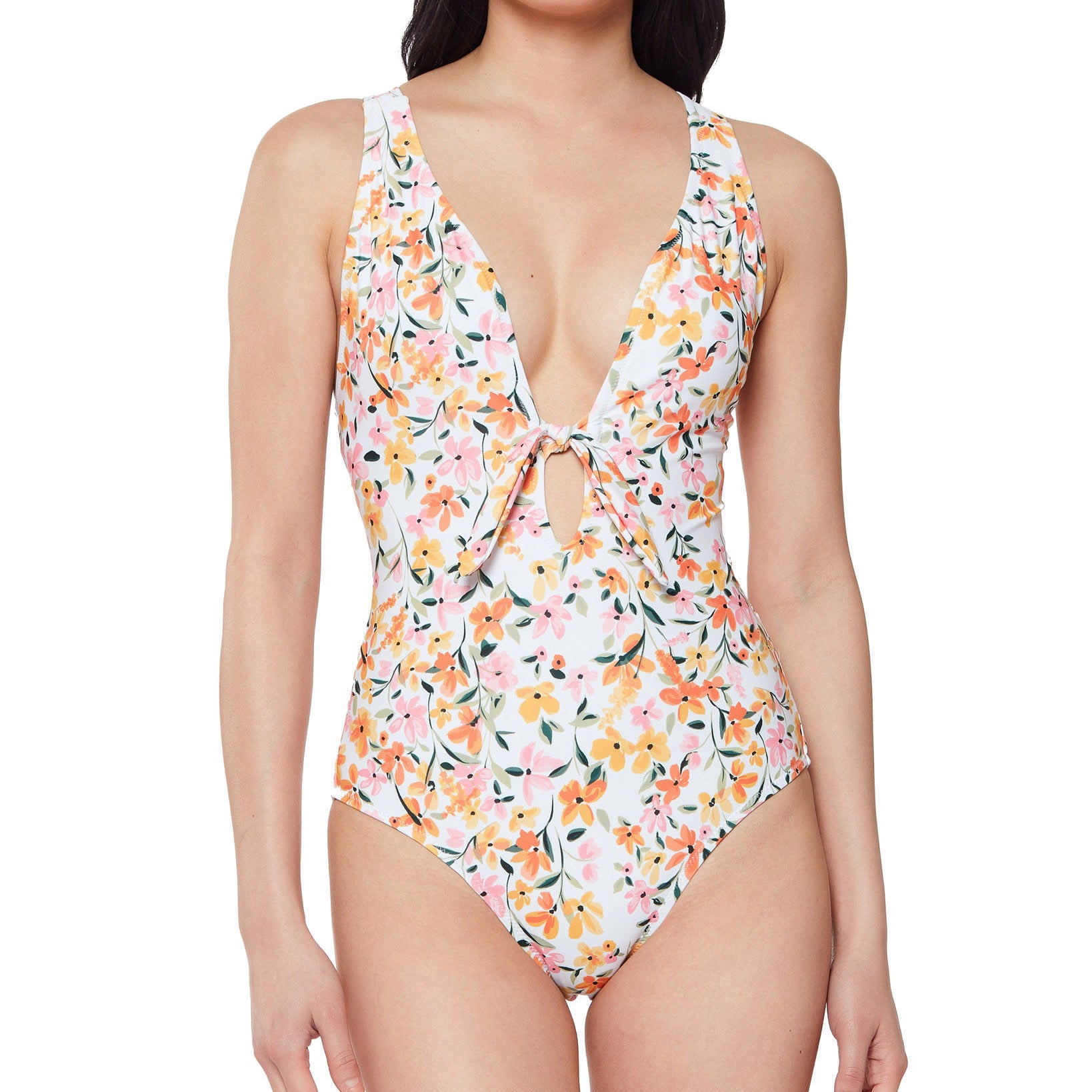 Jessica Simpson Women Summer Dreaming Tie Front One Piece Swimsuit Sunset Multi