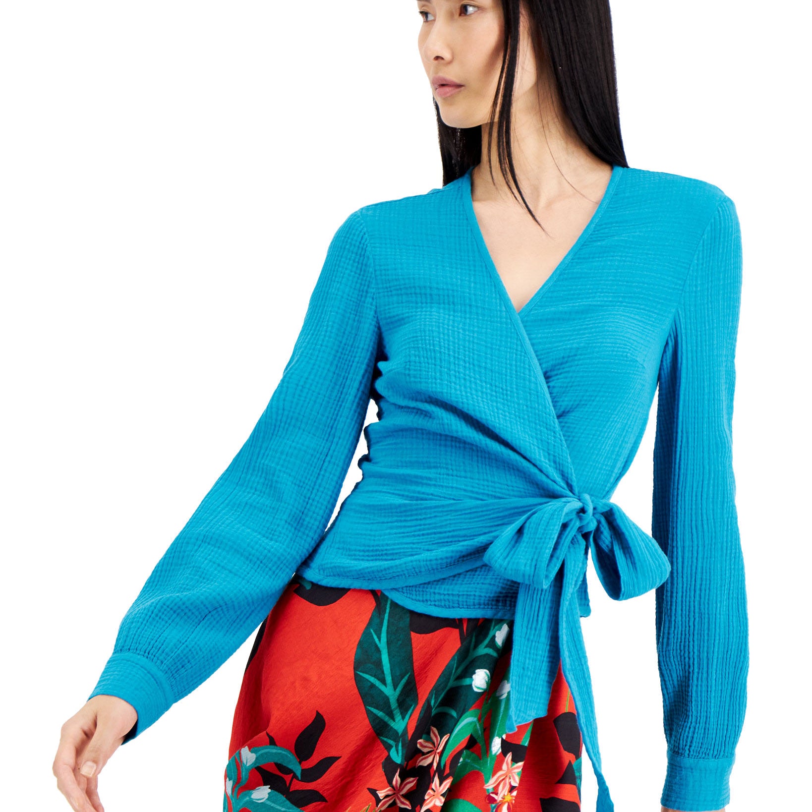 INC International Concepts Women Cotton Surplice Top Aztec Teal