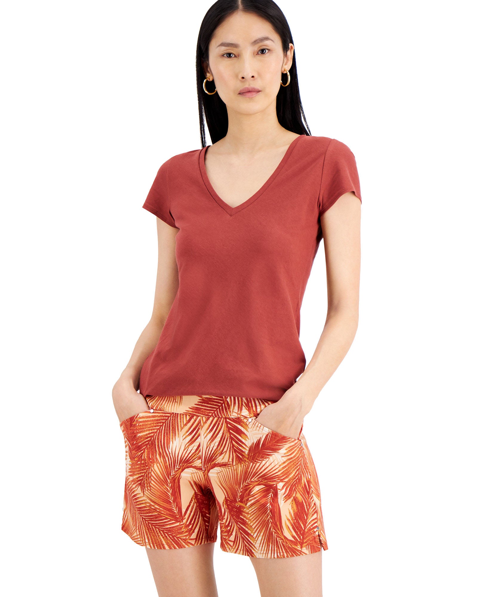 INC International Concepts Women V Neck T Shirt Henna