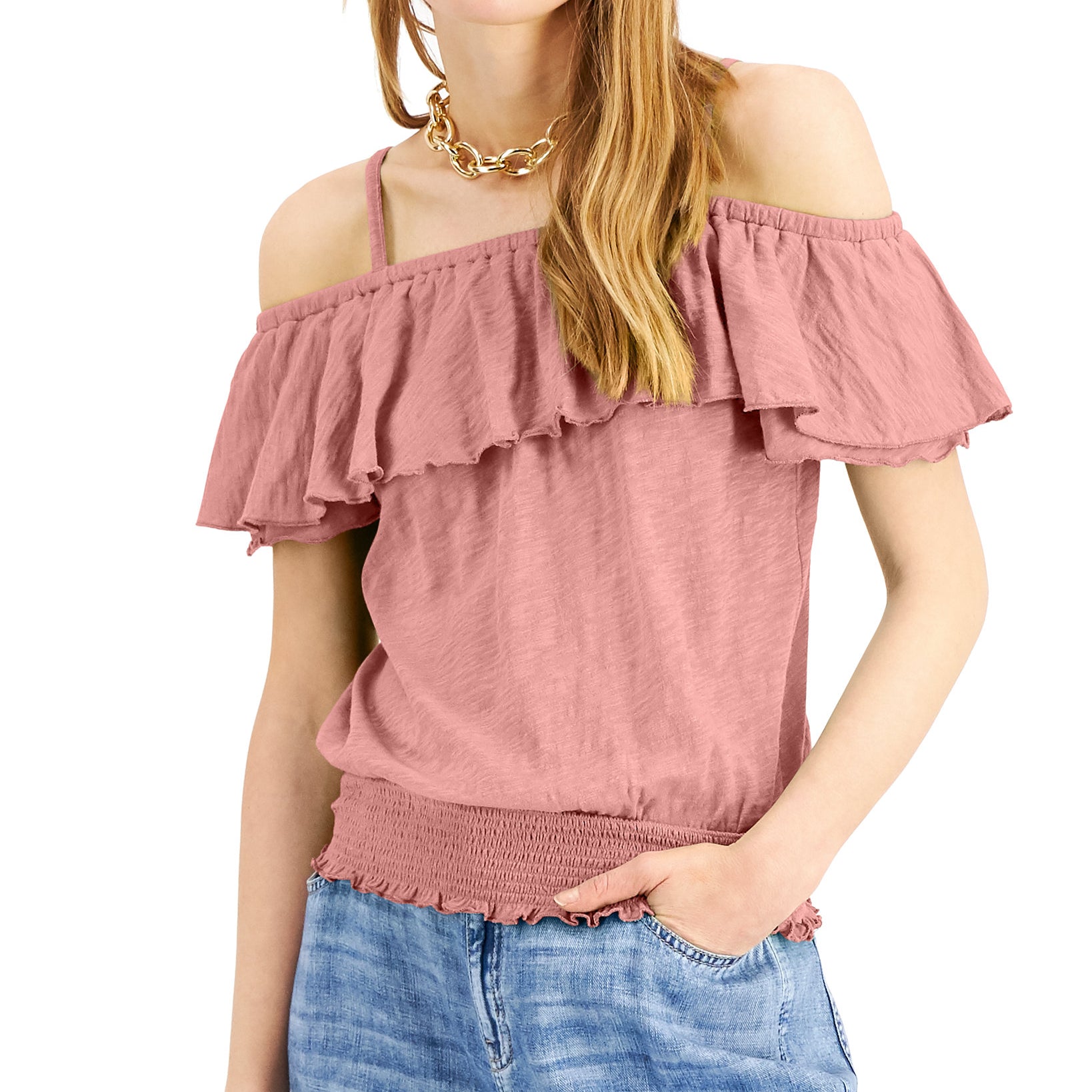 INC International Concepts Women Smocked Off The Shoulder Top Mango Beach
