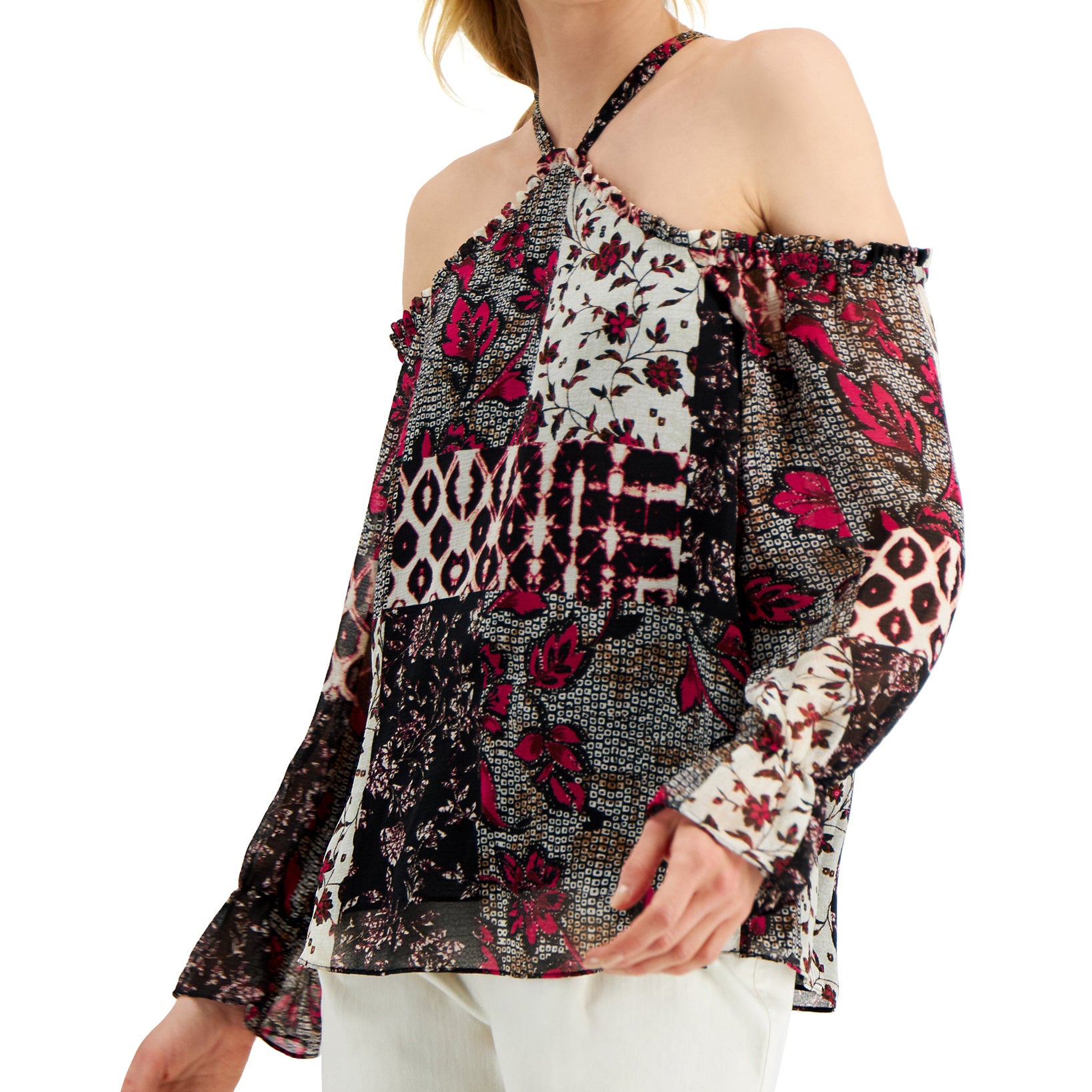 INC International Concepts Women Patchwork Print Cold Shoulder Top Nomad Mix