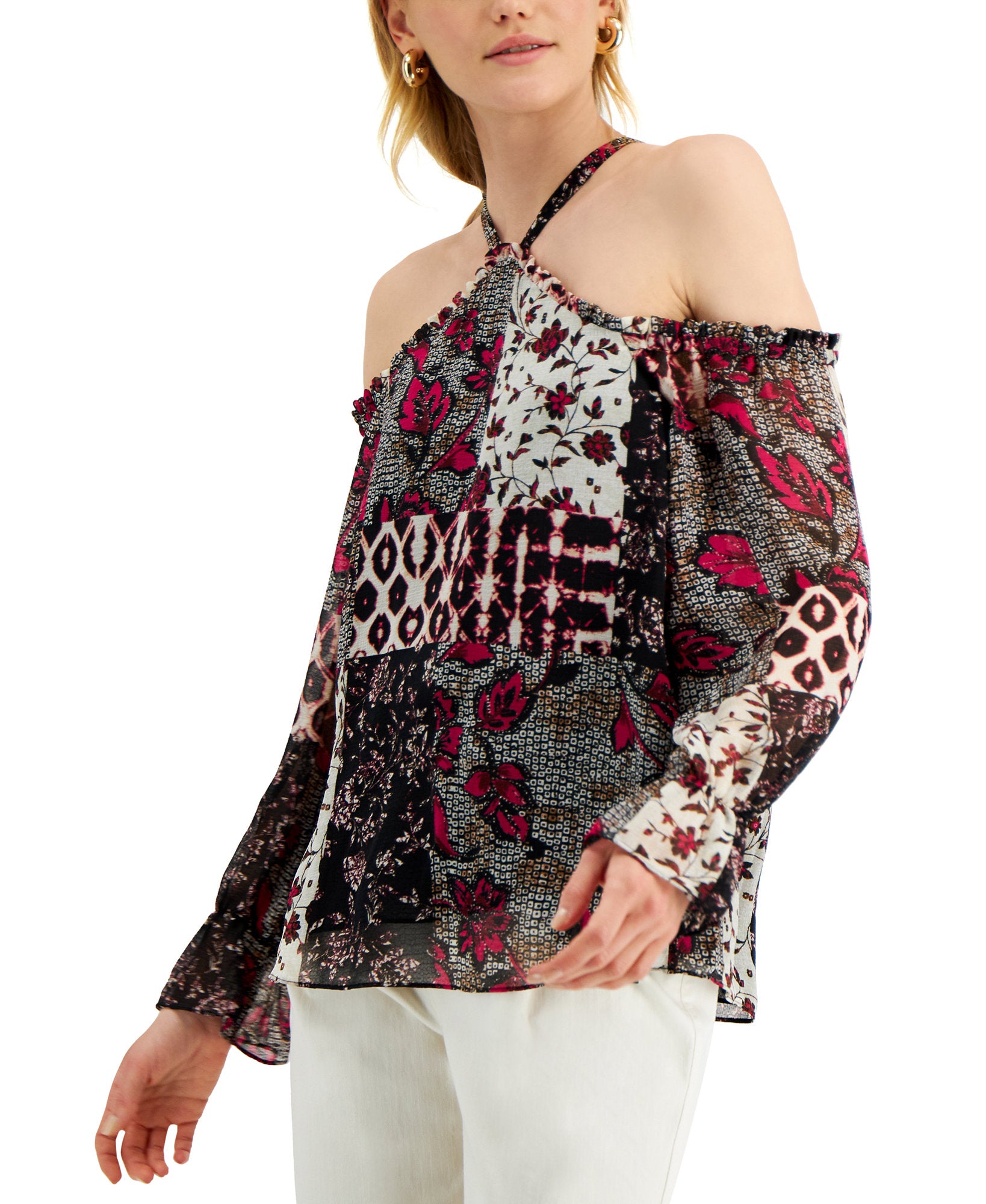 INC International Concepts Women Patchwork Print Cold Shoulder Top Nomad Mix