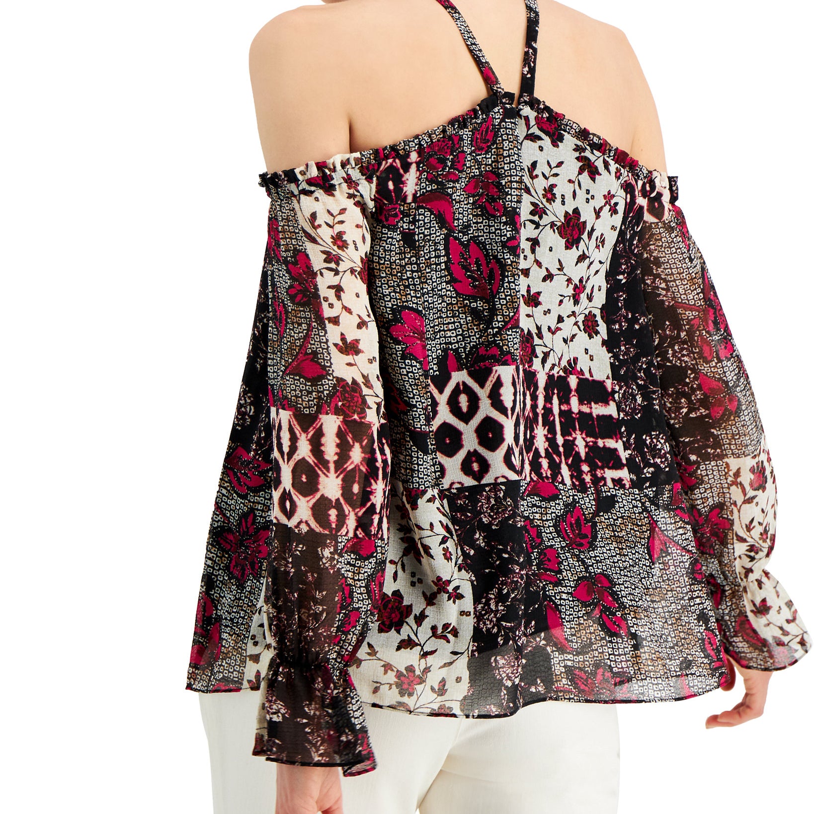 INC International Concepts Women Patchwork Print Cold Shoulder Top