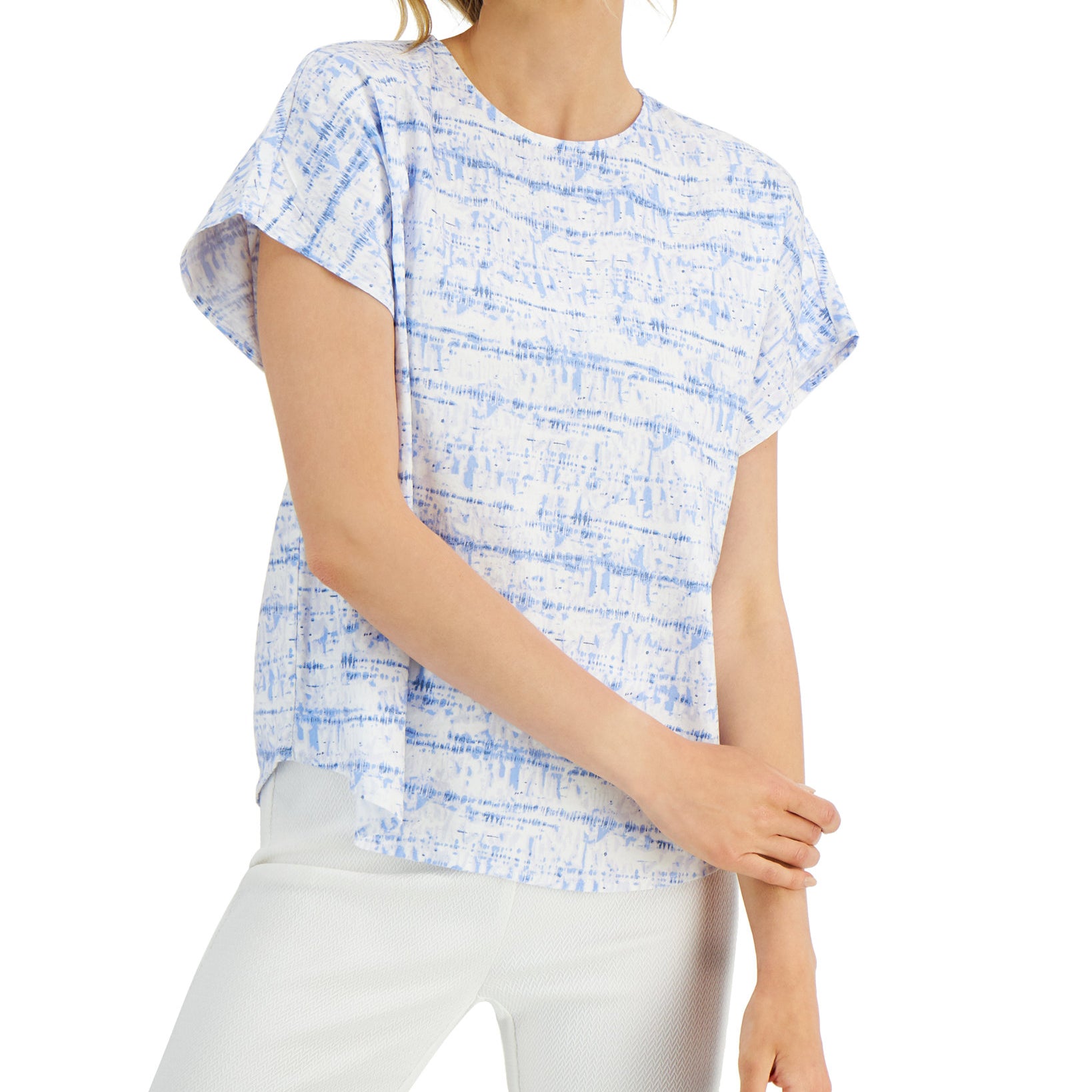 Alfani Women Linear Tie Dye Dolman Sleeve Top Blue Delicate Dye