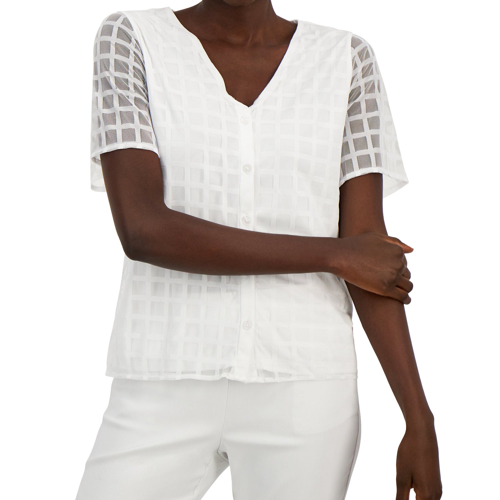 Alfani Women Grid Texture Button Up Shirt Bright White