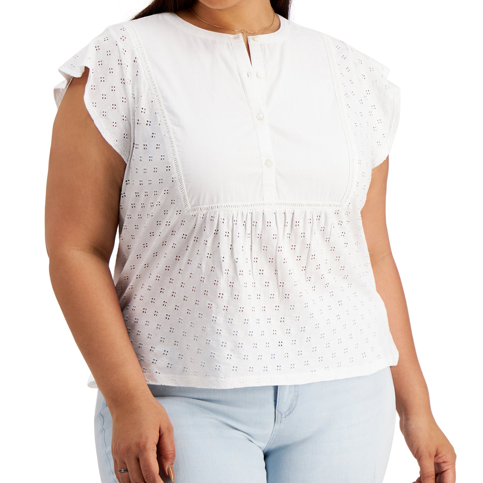 Style & Co Women Plus Cotton Eyelet Top Bright White