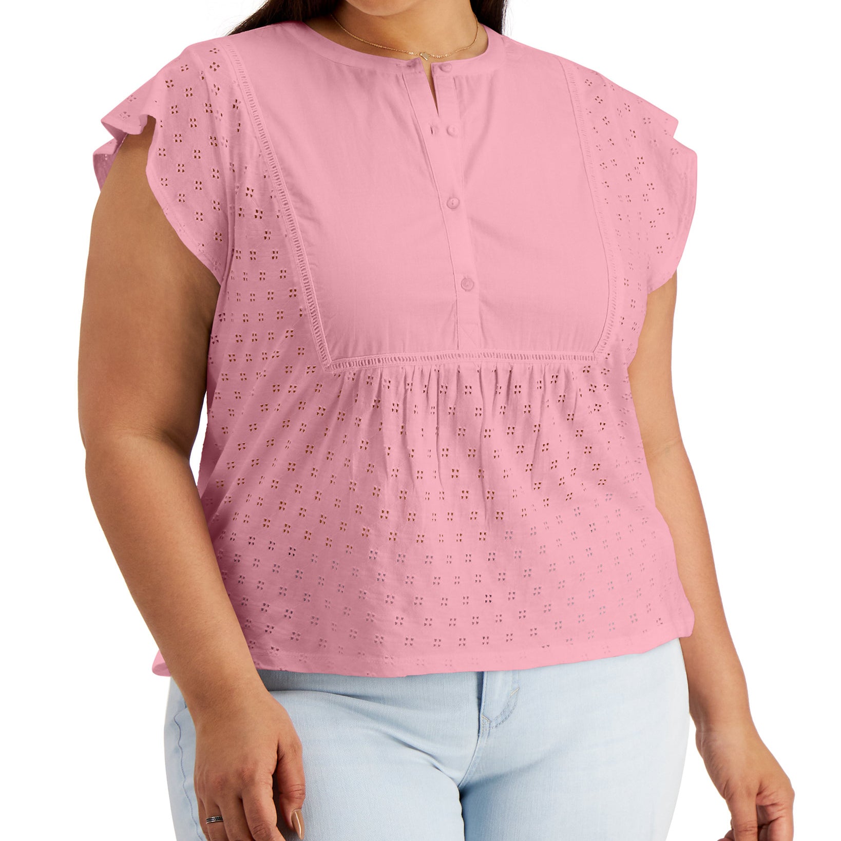 Style & Co Women Plus Cotton Eyelet Top Pink Icing