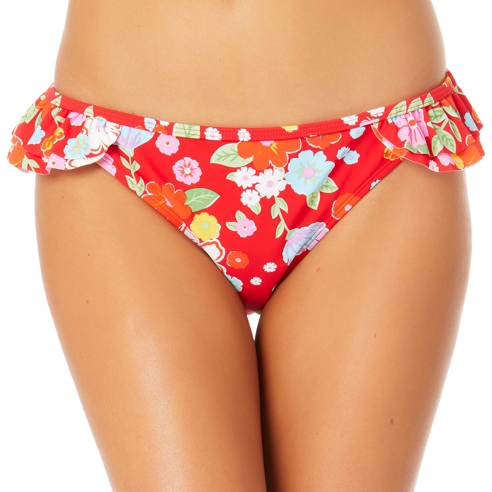 California Waves Women Ruffled Hipster Bikini Bottoms Red Print