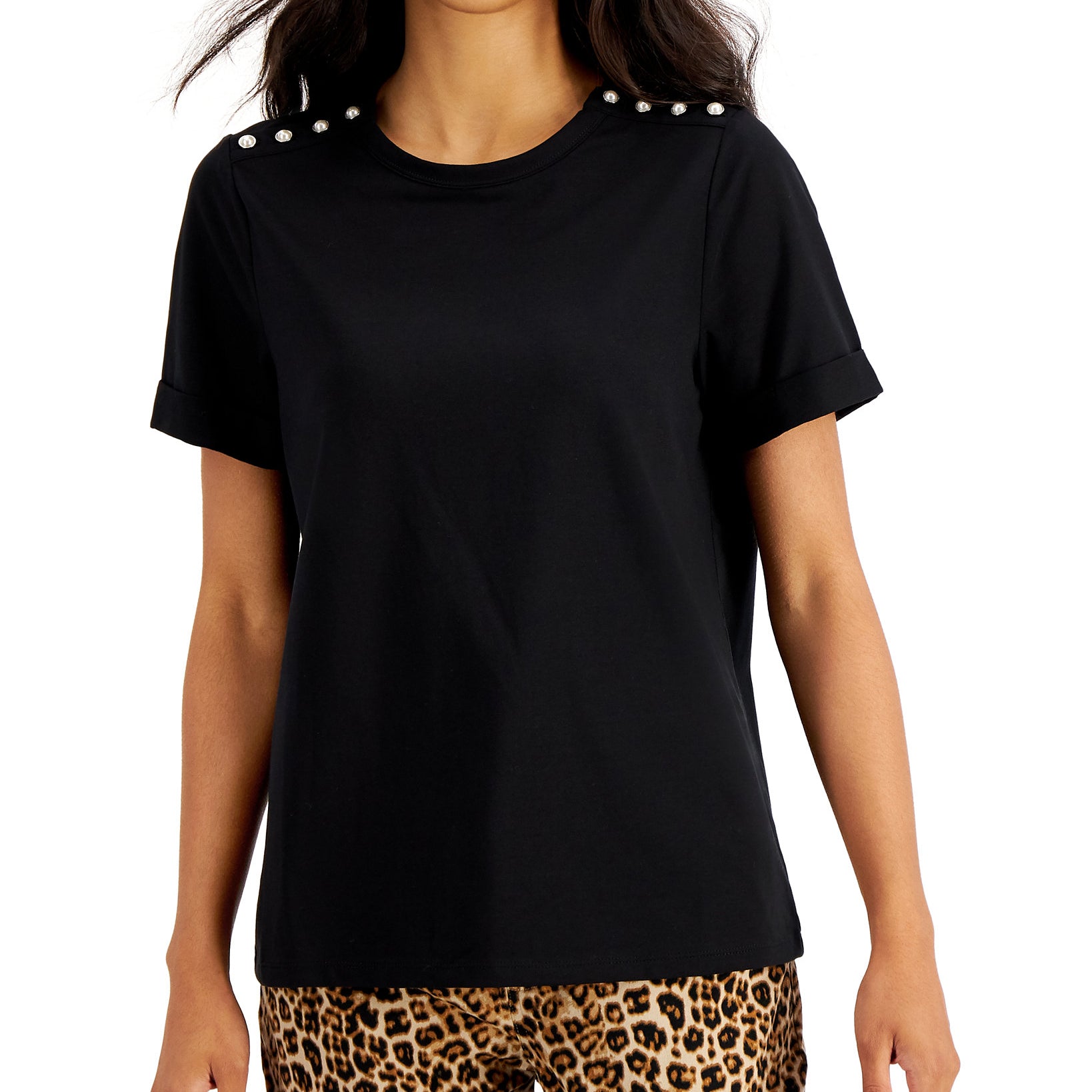 Charter Club Women Embellished Shoulder Top Deep Black