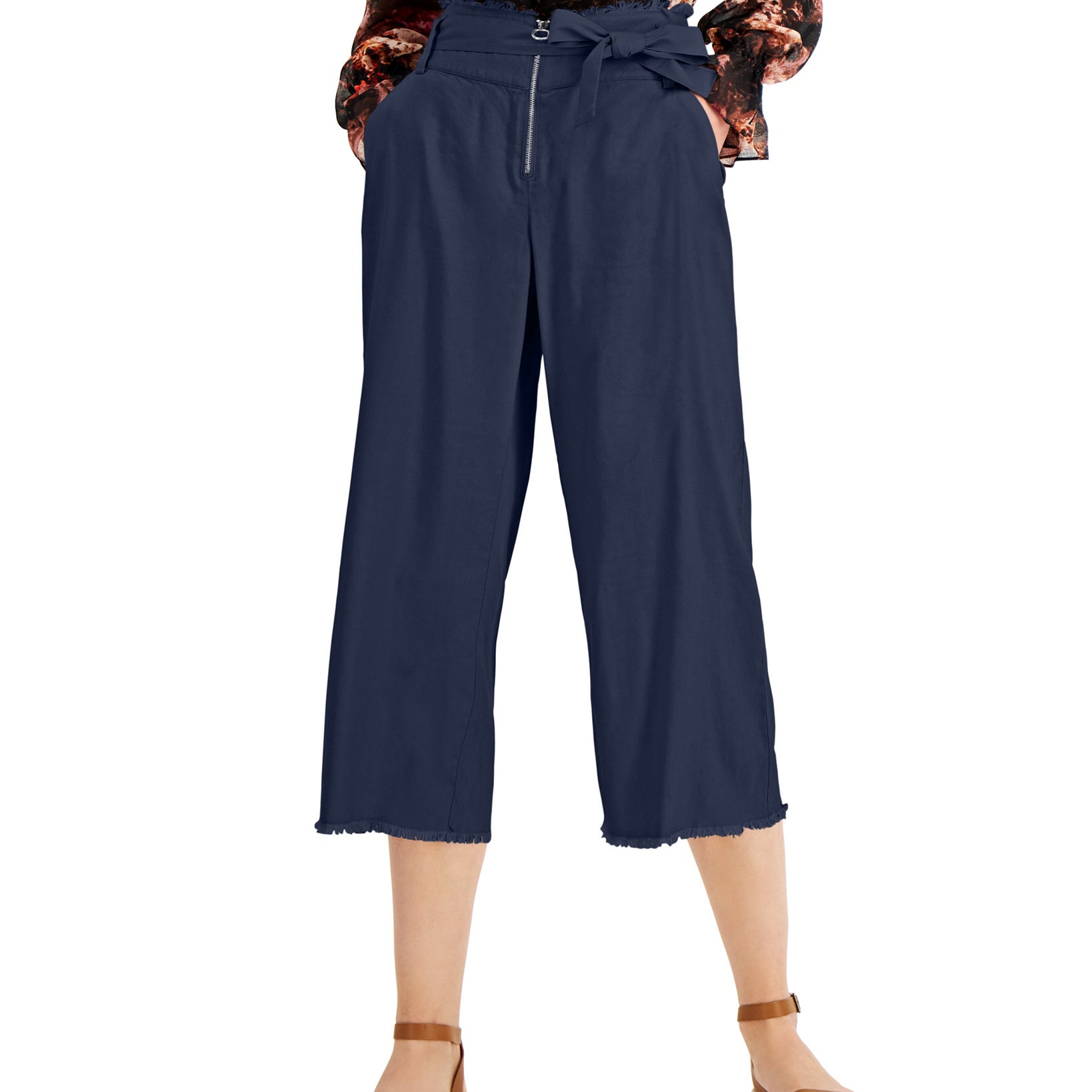 INC International Concepts Women Frayed Zip Front Culottes Indigo Sea