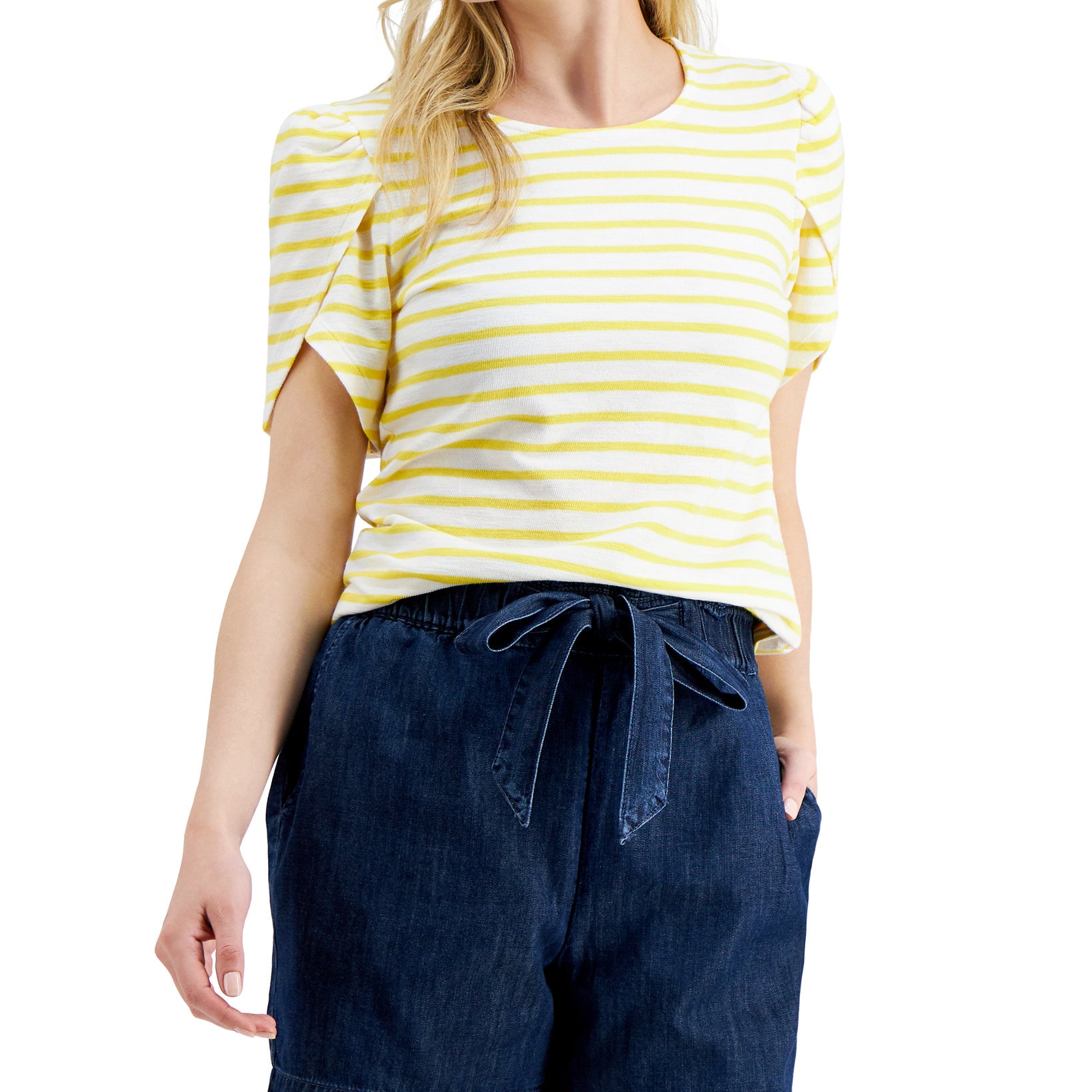 Charter Club Women Cotton Striped Split Sleeve Top Primrose Yellow Combo