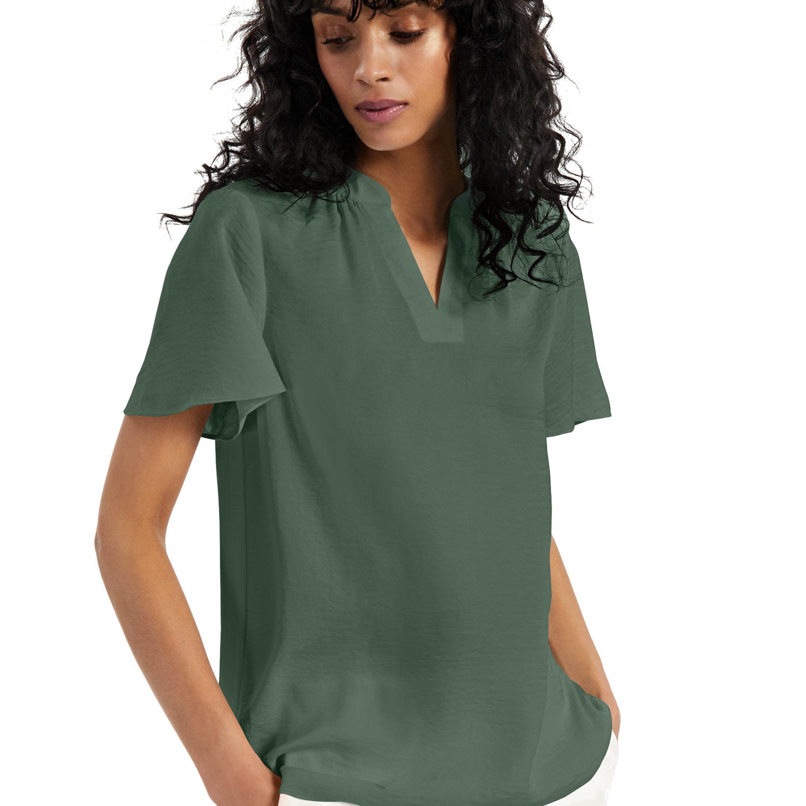 Alfani Women Flutter Sleeve Split Neck Top Blooming Cactus
