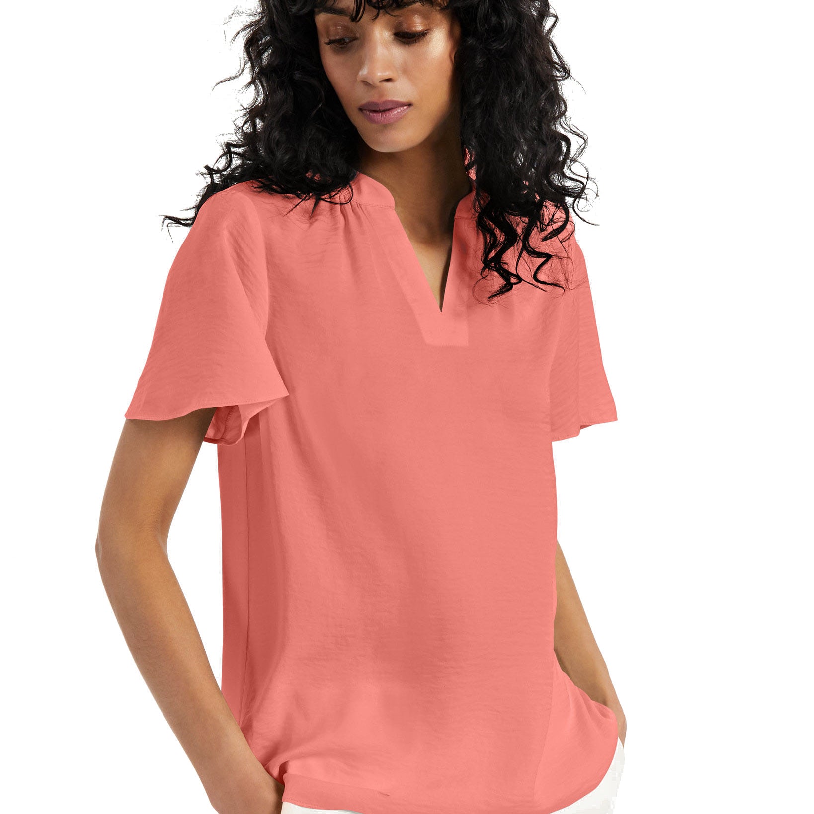 Alfani Women Flutter Sleeve Split Neck Top Sierra Sunrise